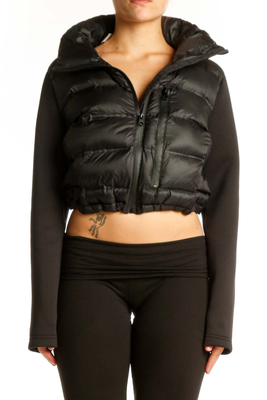 Black Cropped Puffer Jacket with Knit Sleeves Front