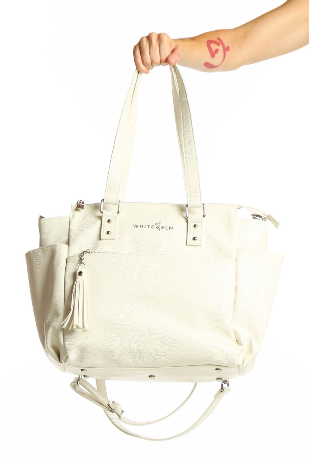 Cream Leather Tote Bag with Tassel Detail Front