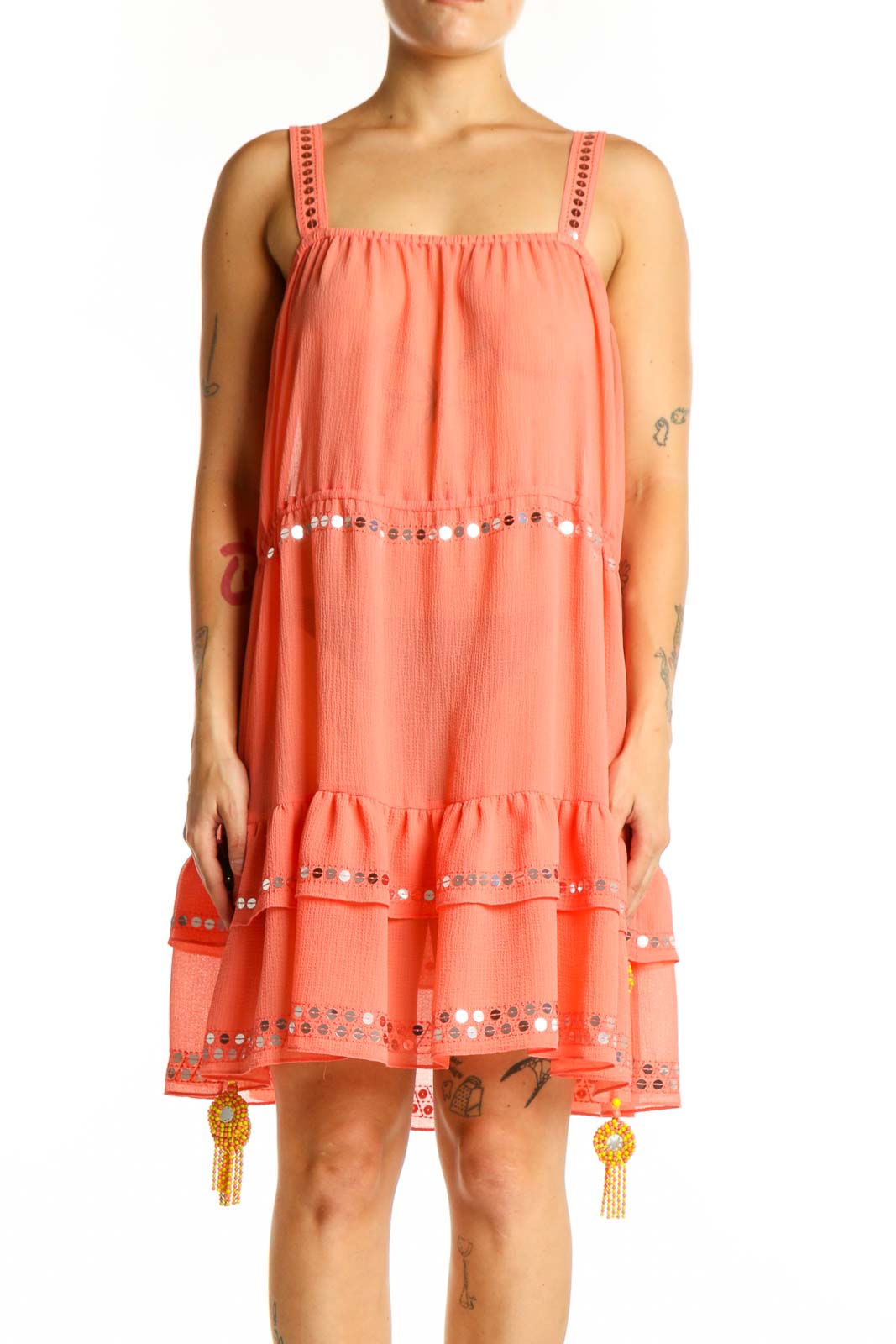 Coral Tiered Embellished Sleeveless Dress Front