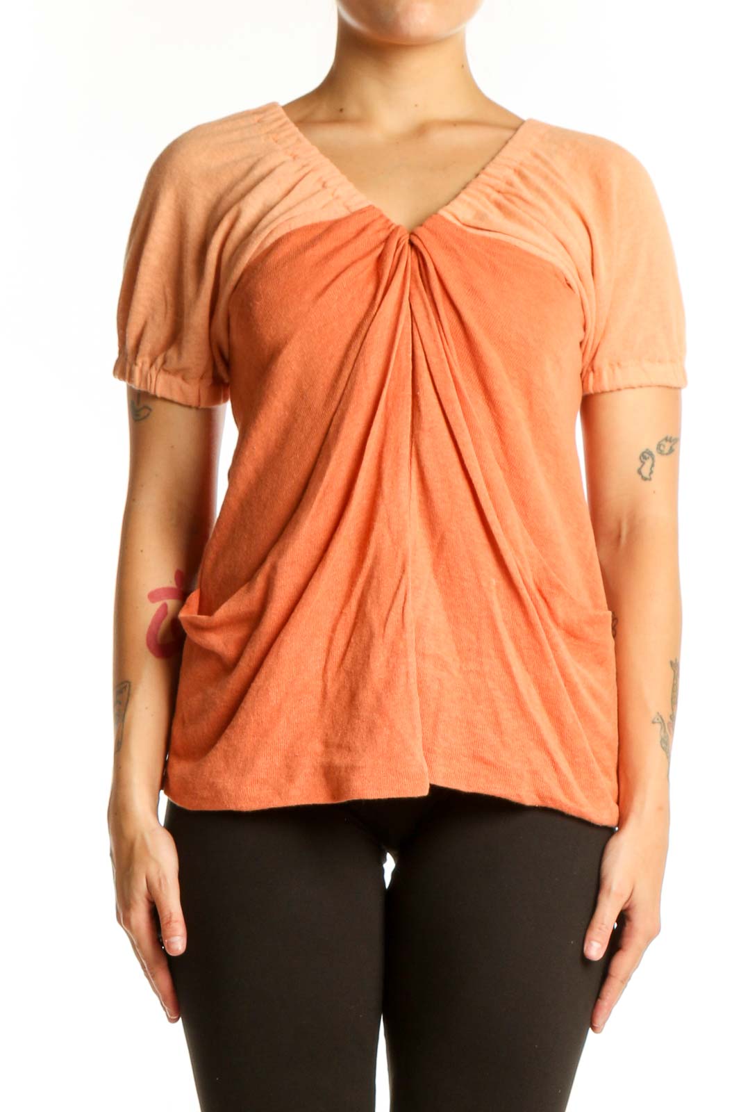 Orange Ruched Cotton Linen Top Front