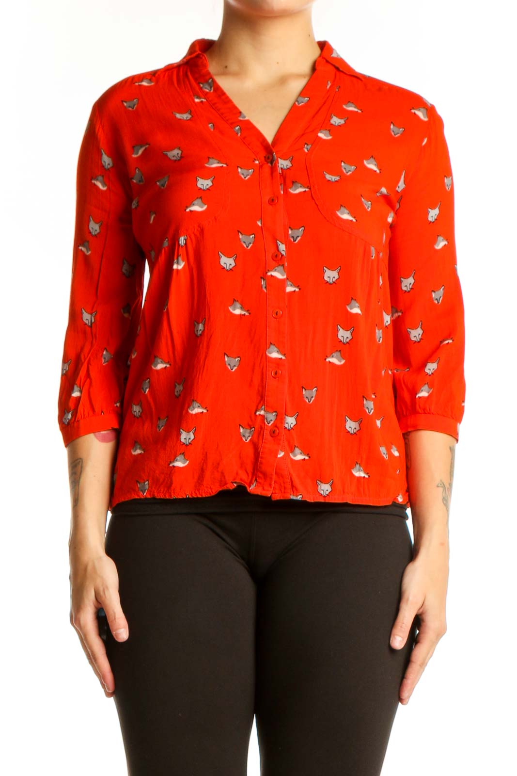 Red Cat Print Button-Up Blouse Front
