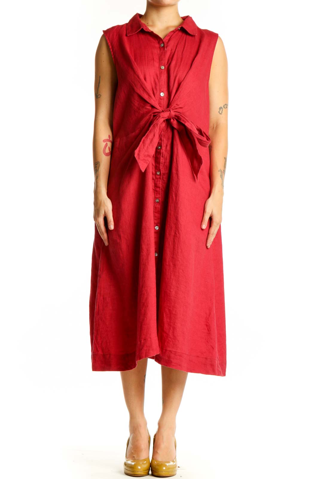 Red Linen Button-Front Shirt Dress Front