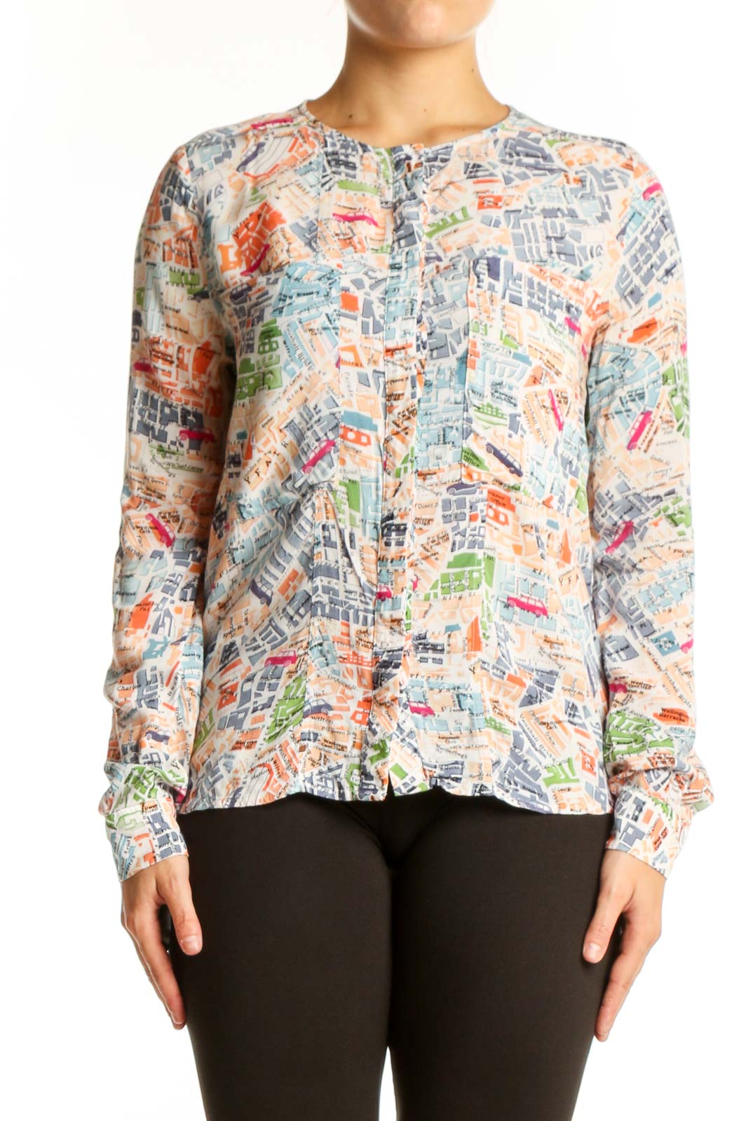 Multicolor Newspaper Print Rayon Blouse Front