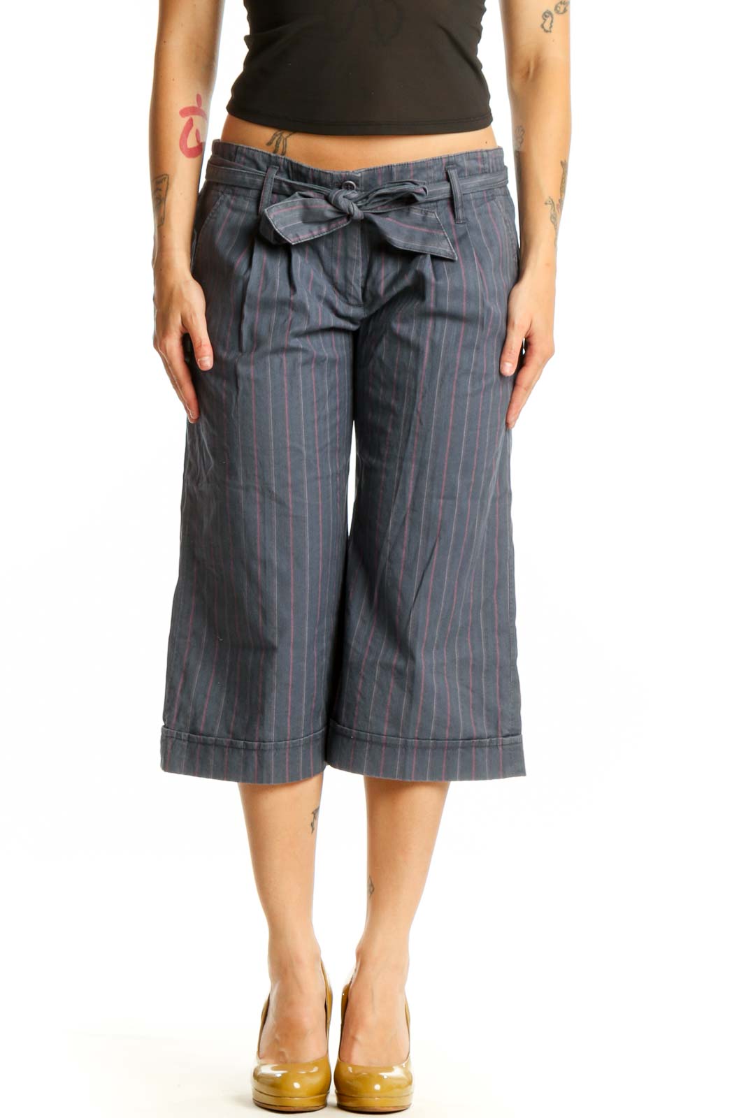 Gray Pinstriped Cropped Shorts with Tie Waist Front