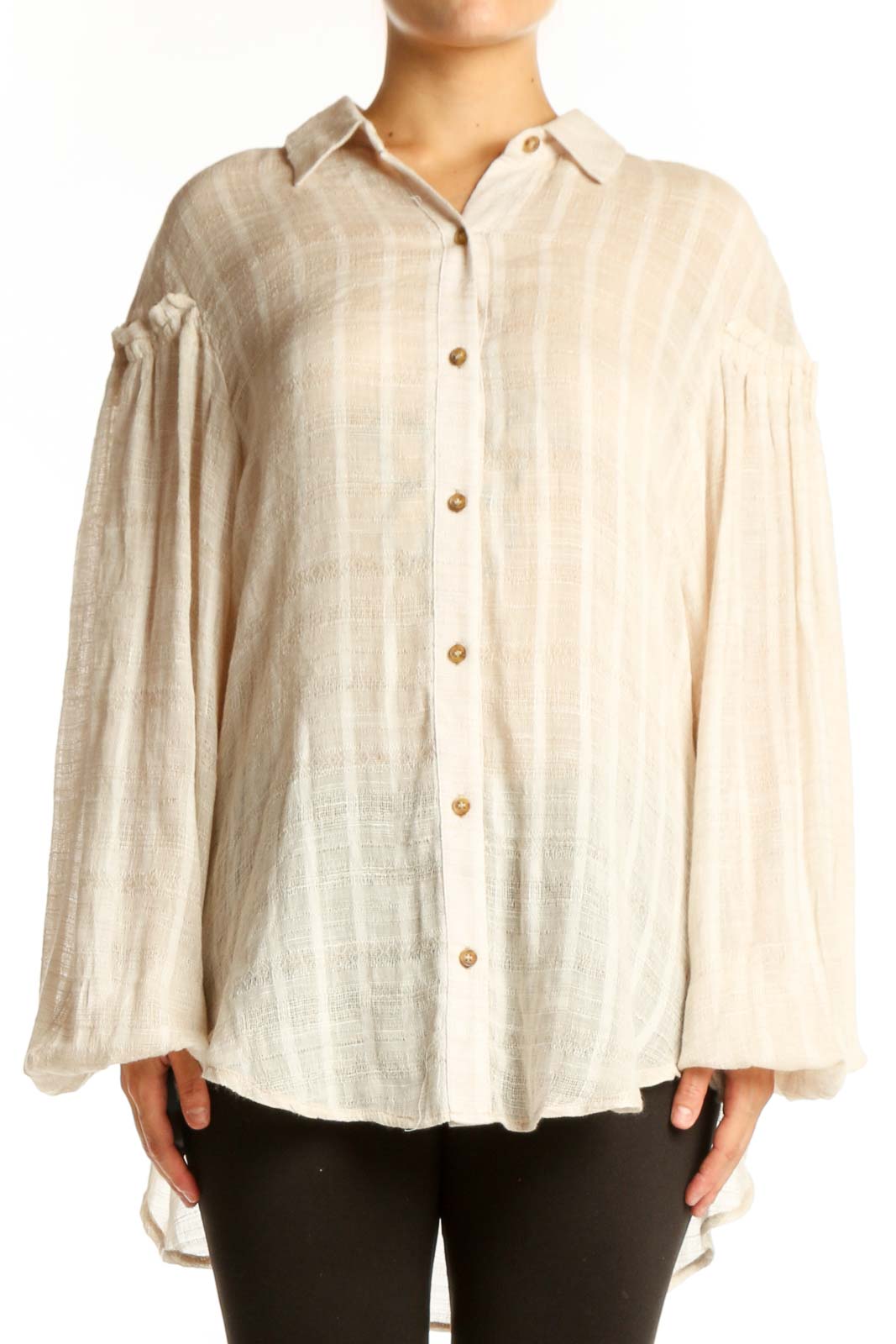 Cream Button-Up Blouse with Voluminous Sleeves Front