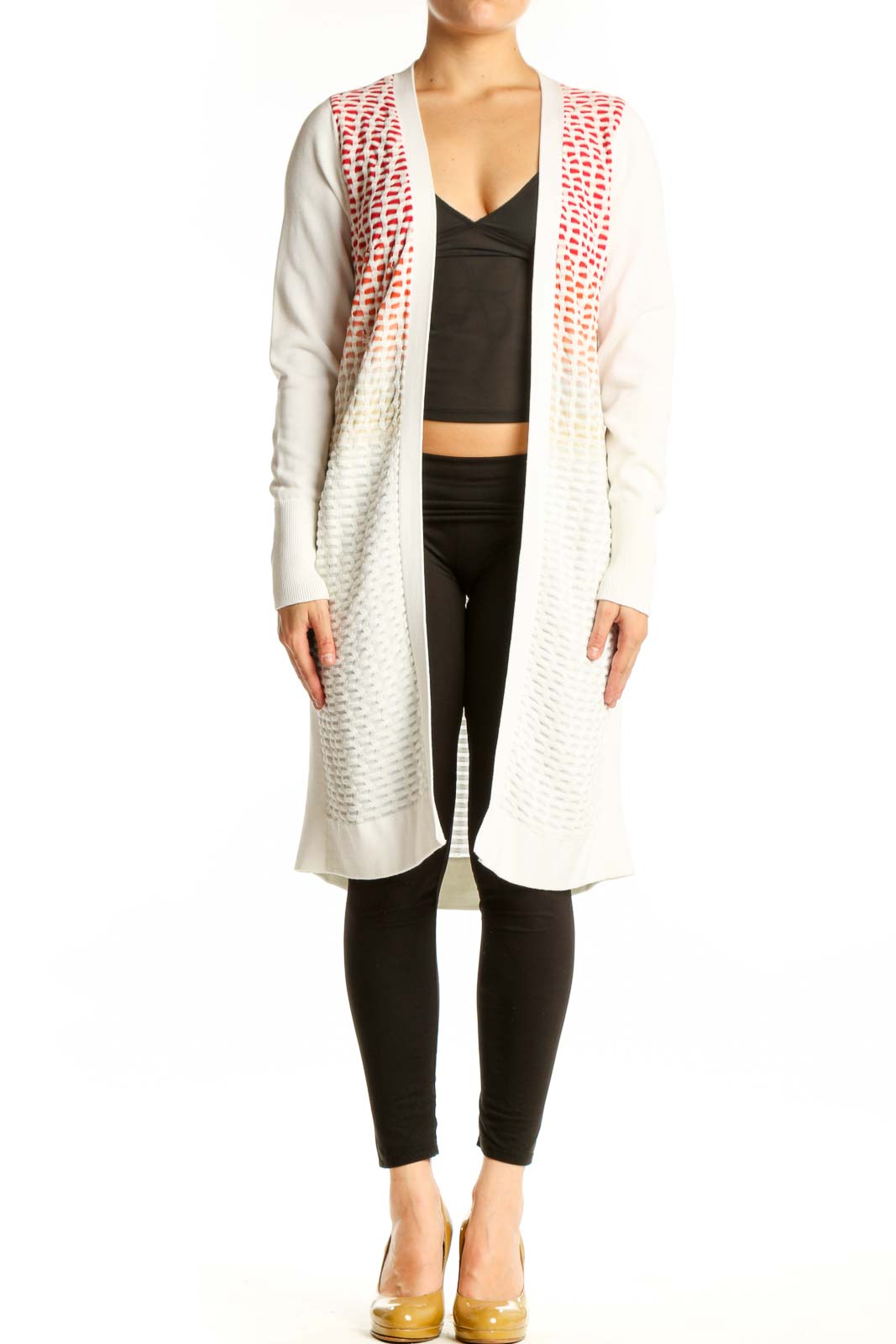 Cream Ombre Knit Cardigan with Red Pattern Front