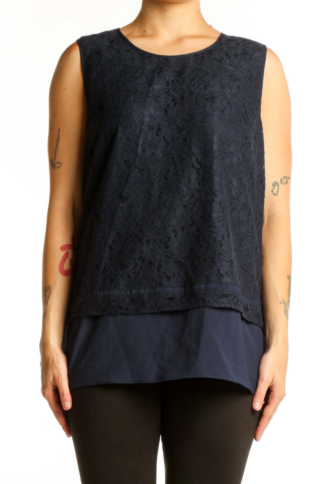Navy Lace Sleeveless Layered Tank Top Front