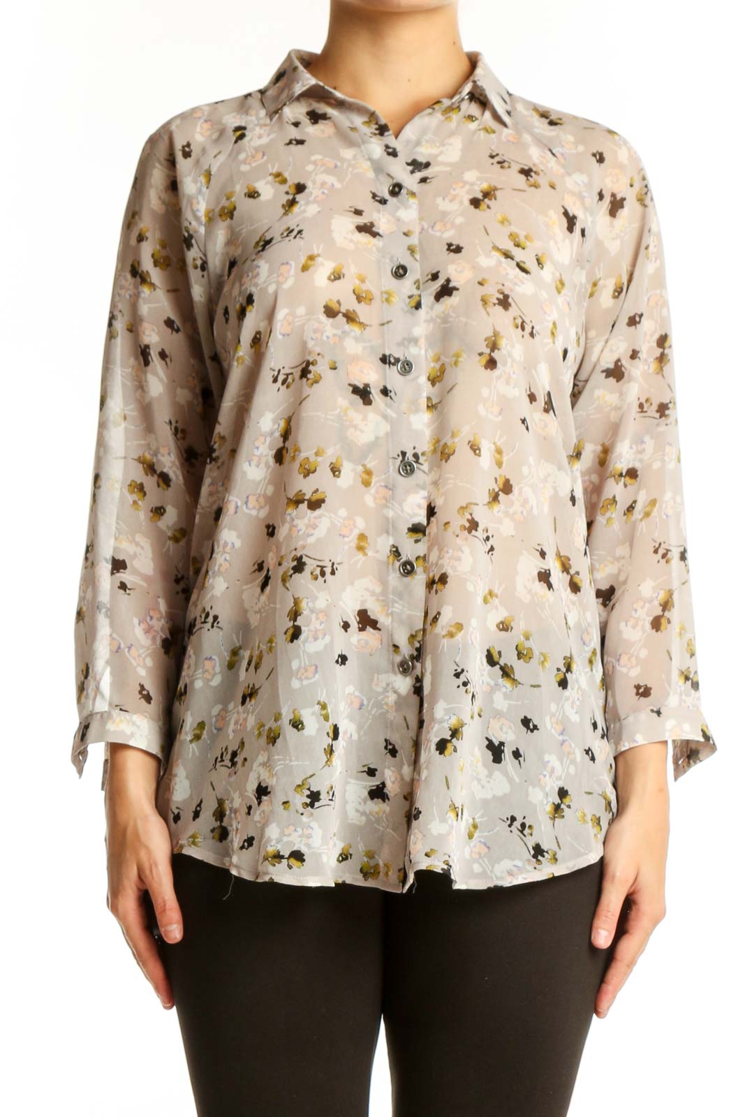 Cream Floral Print Button-Up Shirt Front