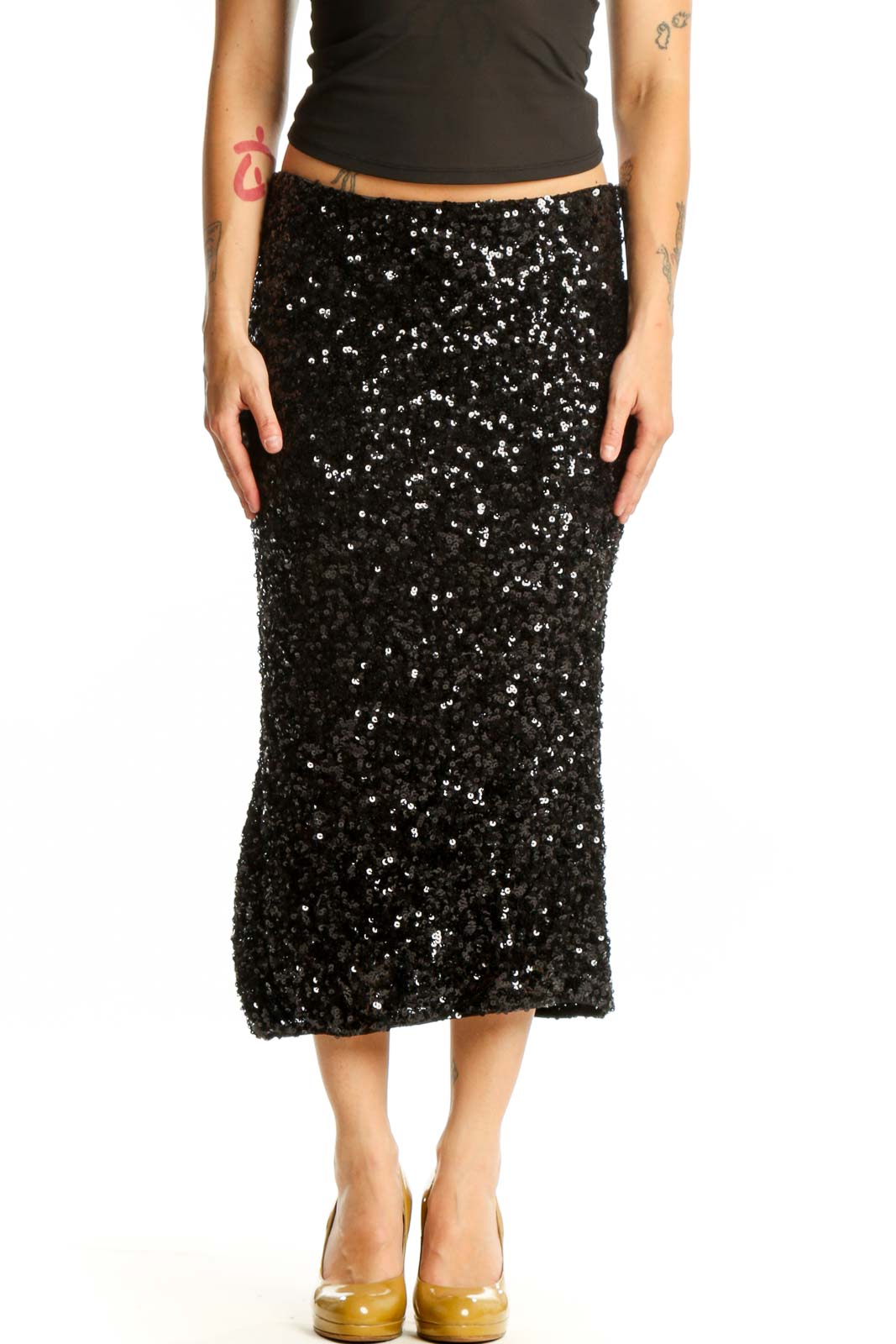 Black Sequin Midi Skirt Front