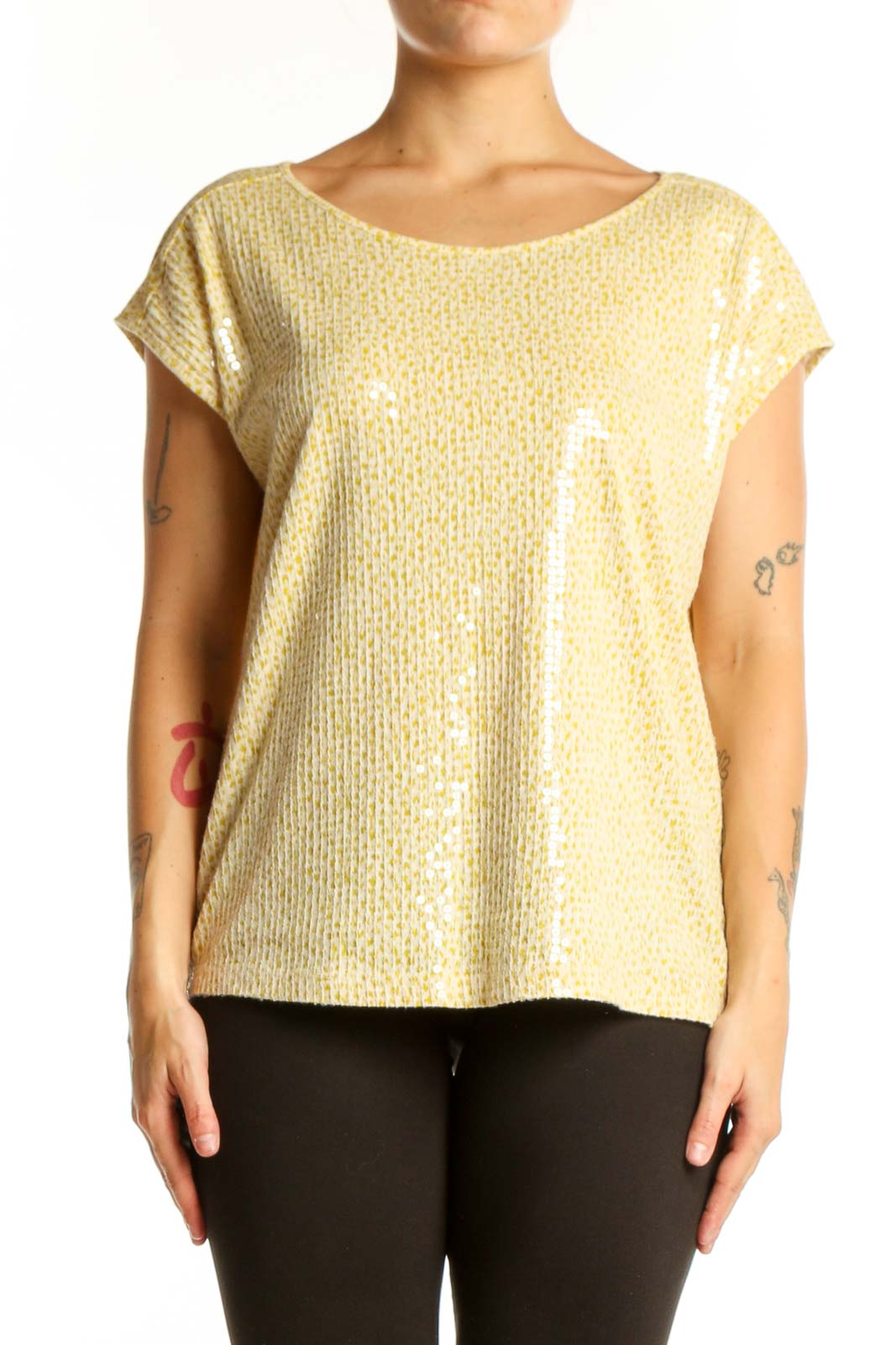 Gold Sequin Short Sleeve Top Front