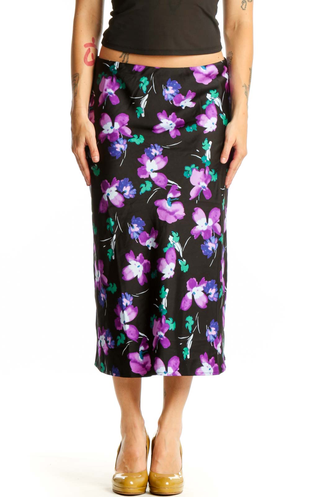Black Floral Midi Pencil Skirt Front