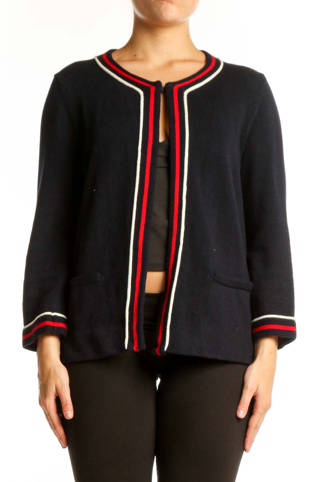 Black Cotton Cardigan with Striped Trim Front