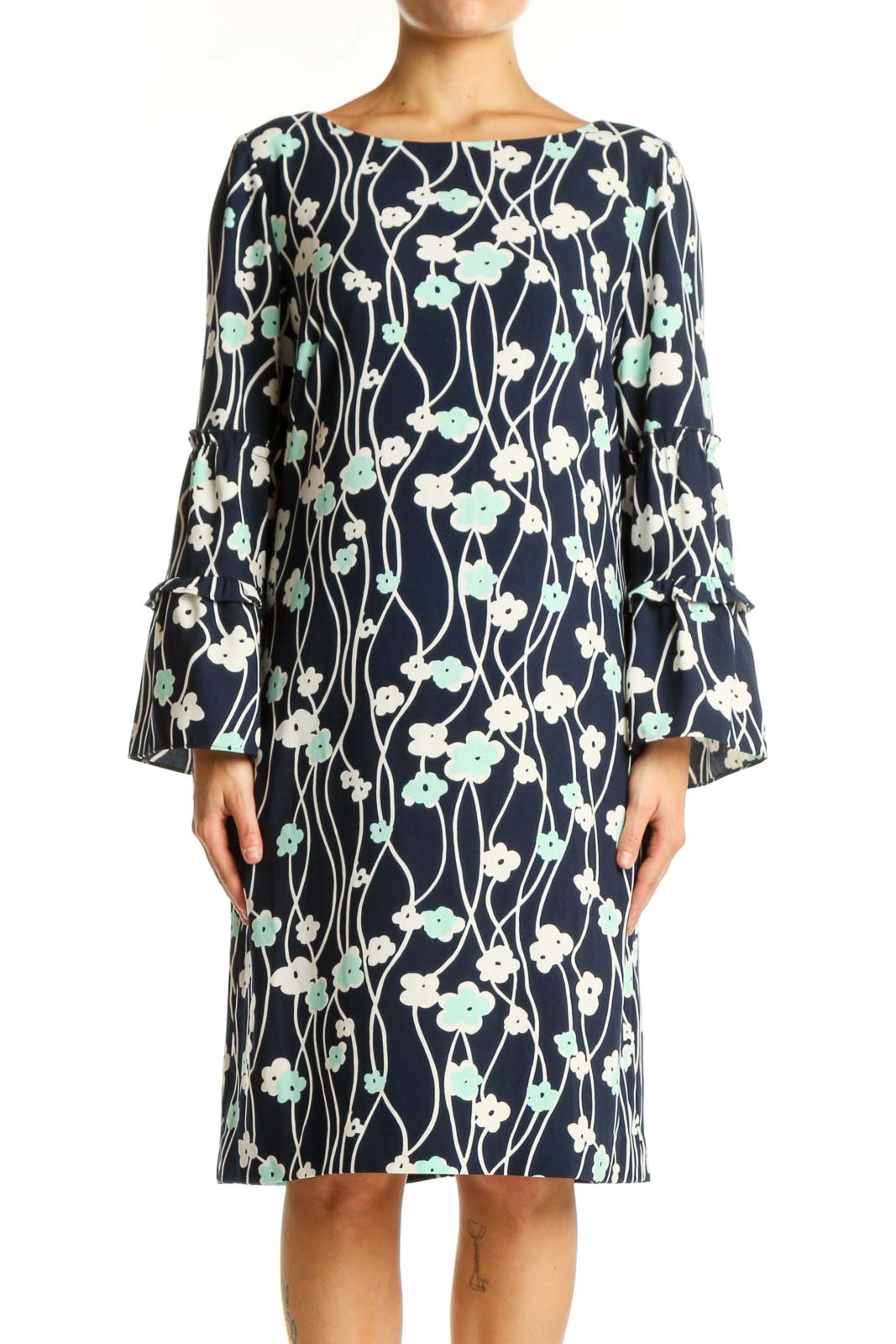 Navy Floral Bell Sleeve Canvas Dress Front
