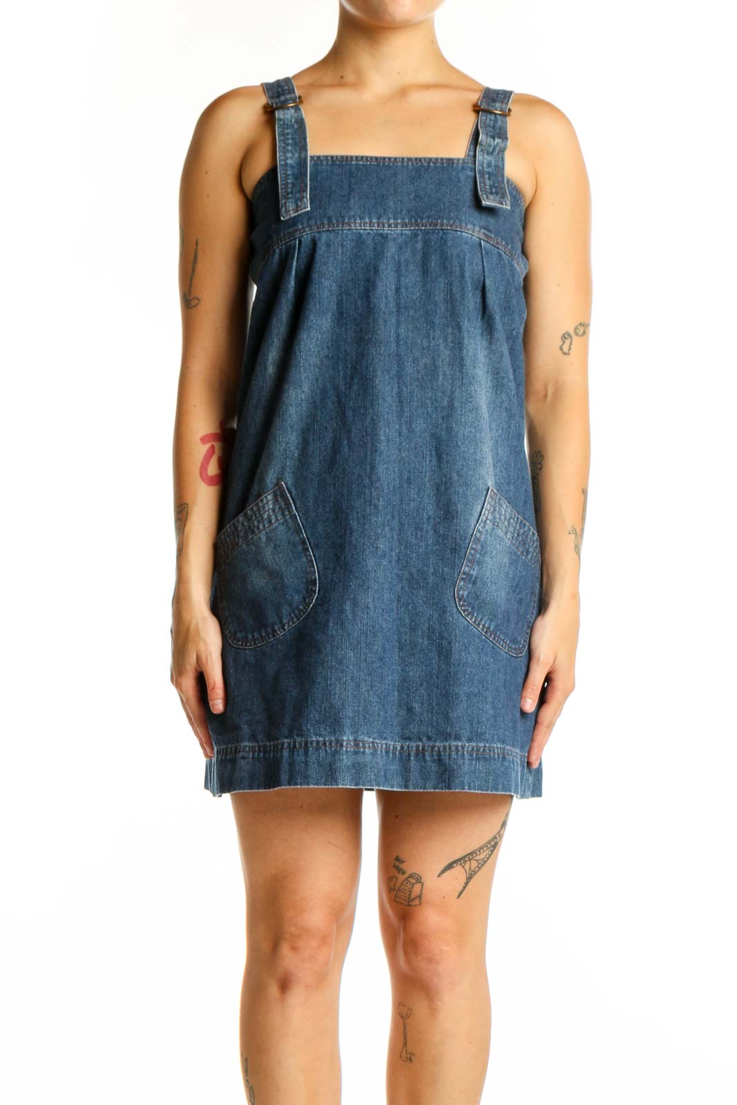 Blue Denim Sleeveless Shift Dress Front