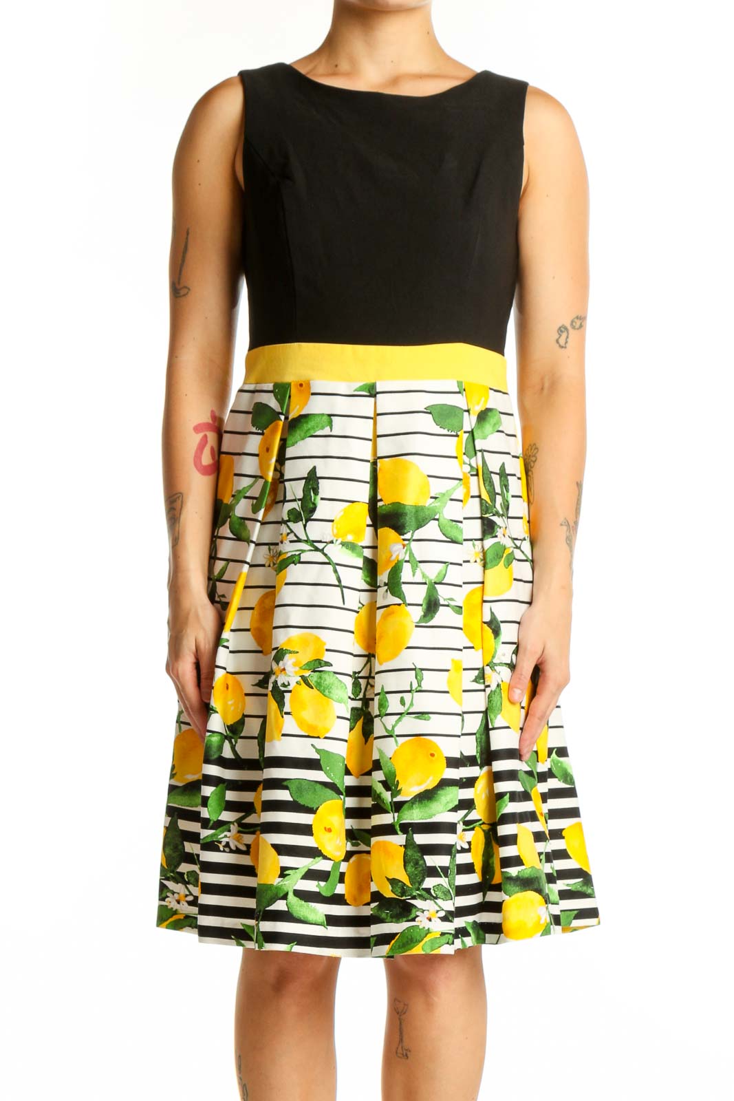 Black and Yellow Lemon Print Fit and Flare Dress Front