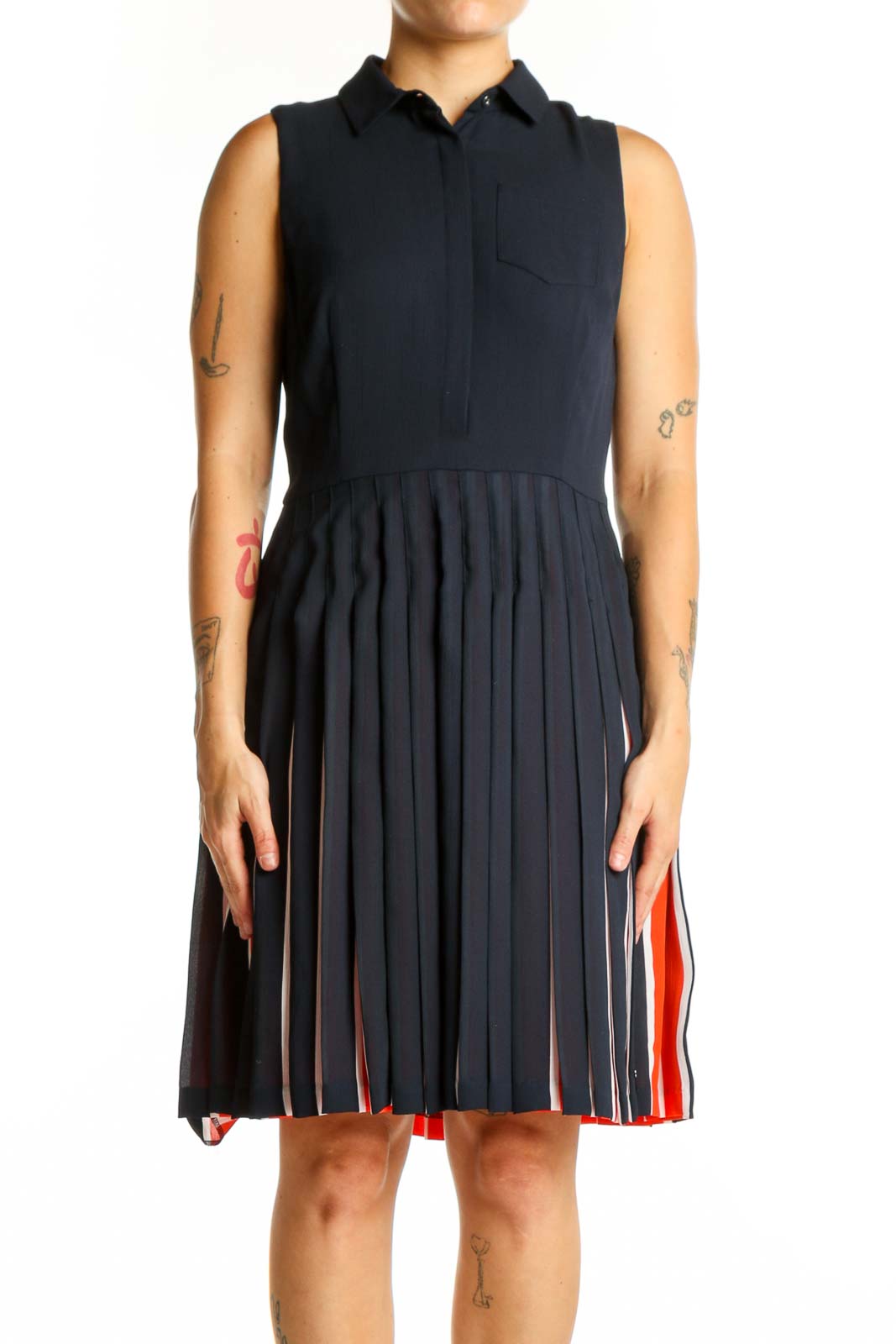 Navy Pleated Shirt Dress with Red Stripe Detail Front