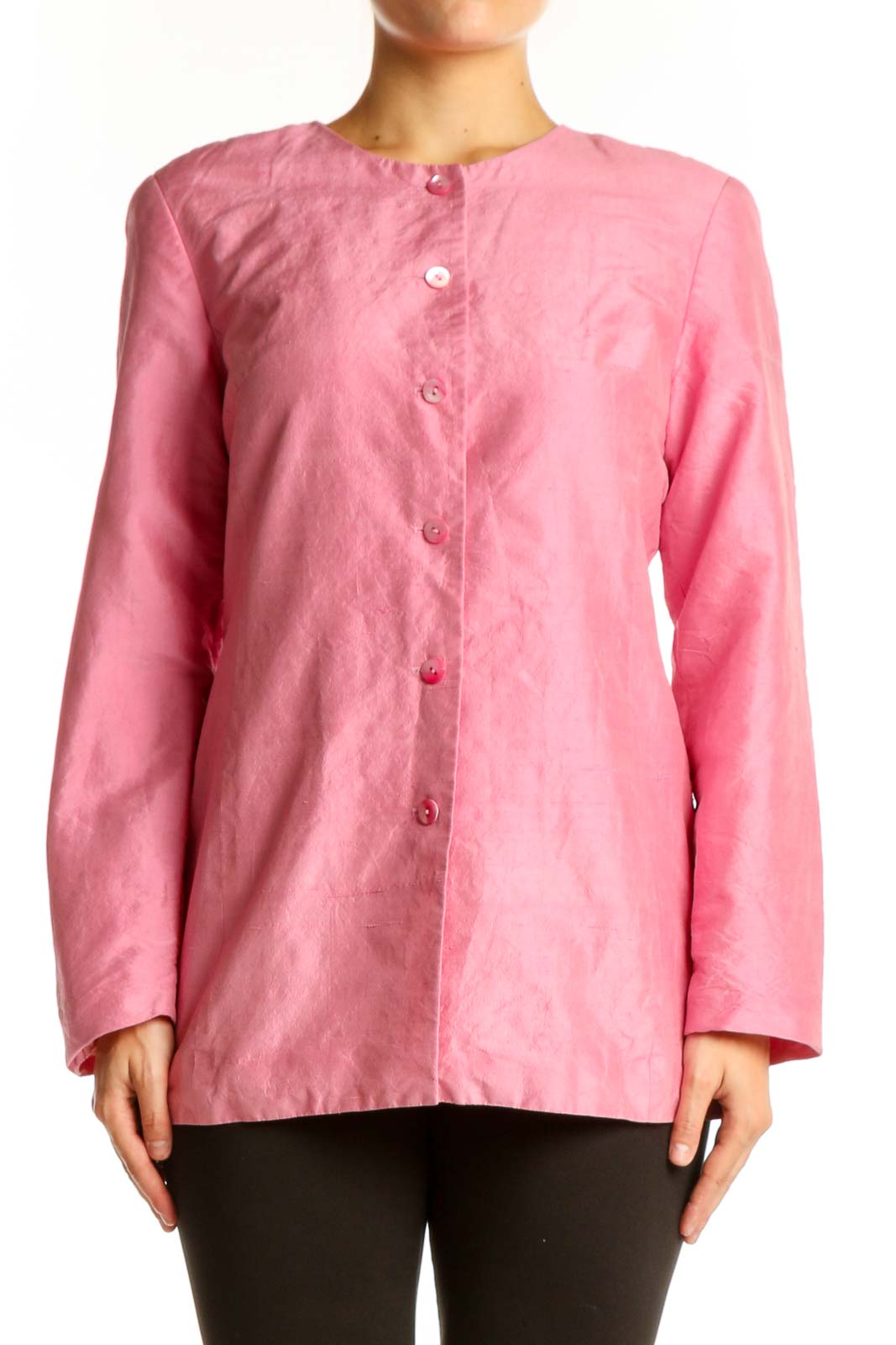 Pink Button-Front Basic Jacket Front