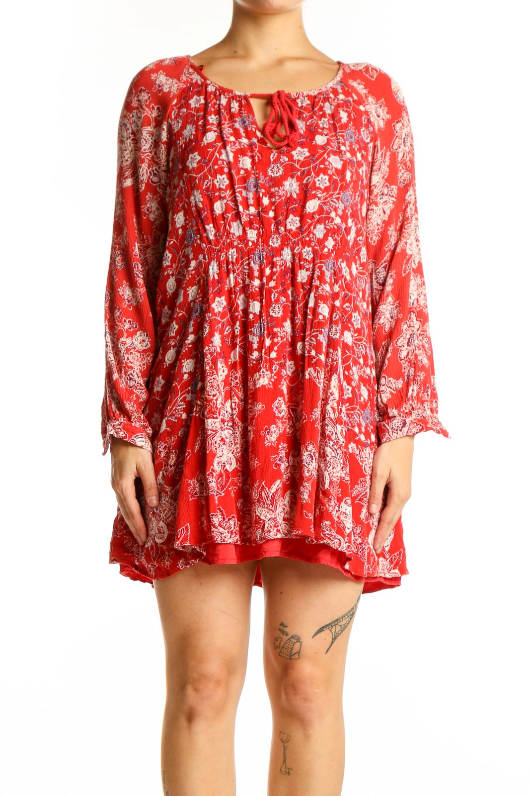 Red Floral Rayon Tunic Top Front
