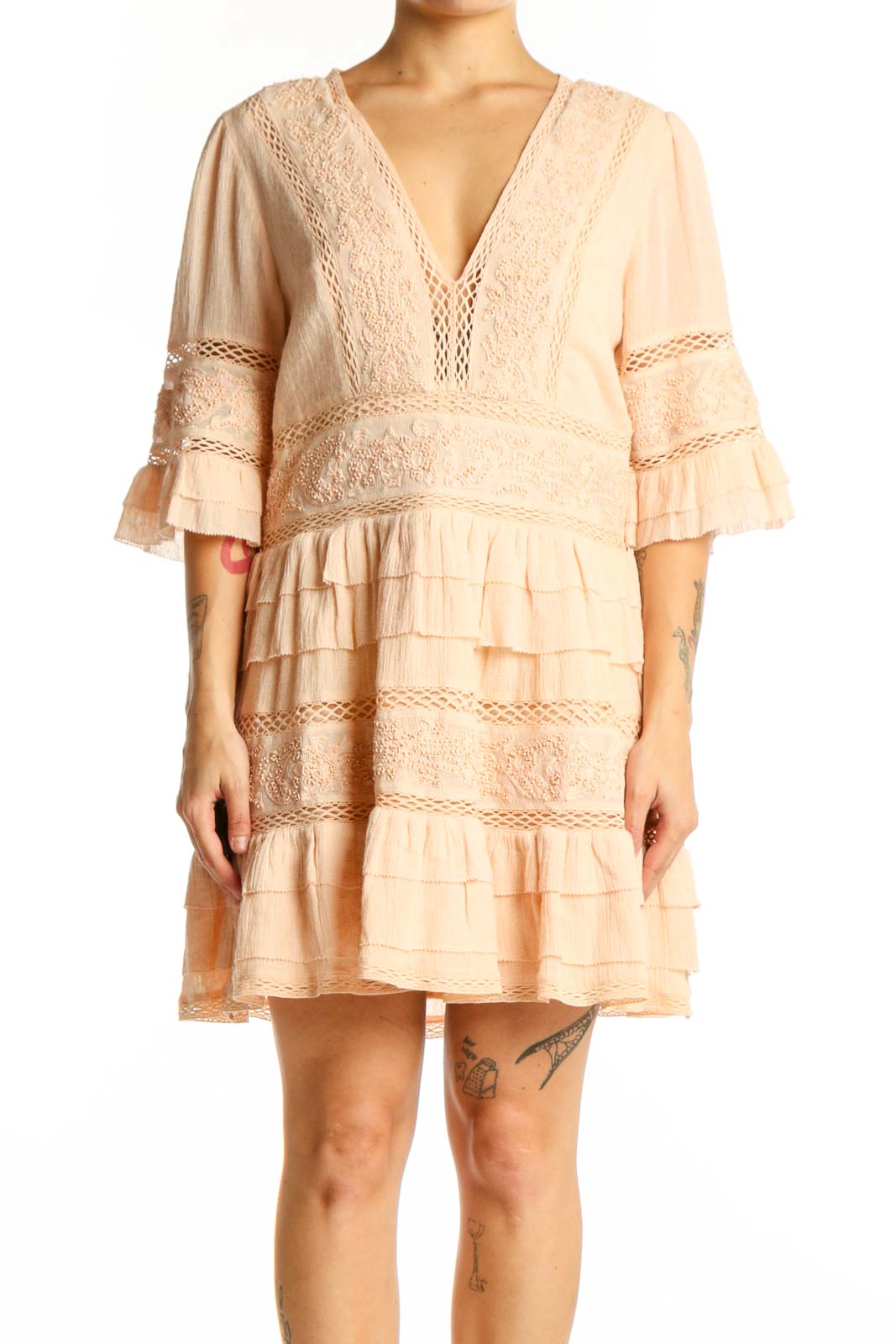 Cream Lace Ruffle Midi Dress Front