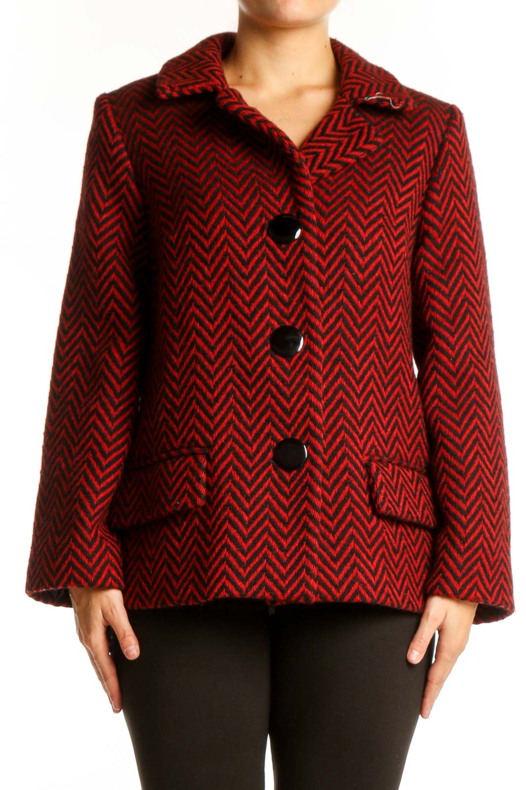 Red Chevron Wool Blend Blazer Jacket Front