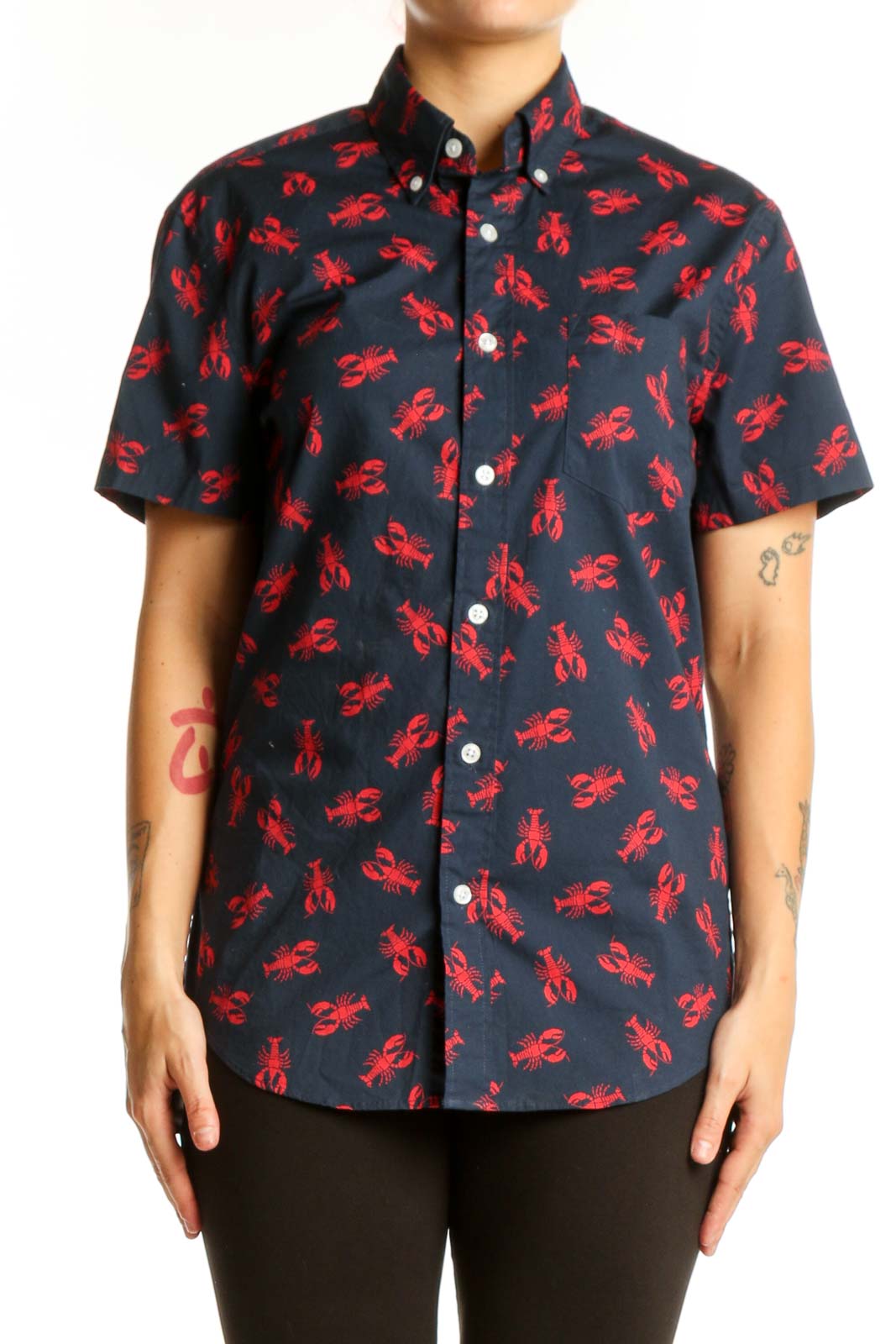 Navy Lobster Print Short Sleeve Button-Up Shirt Front