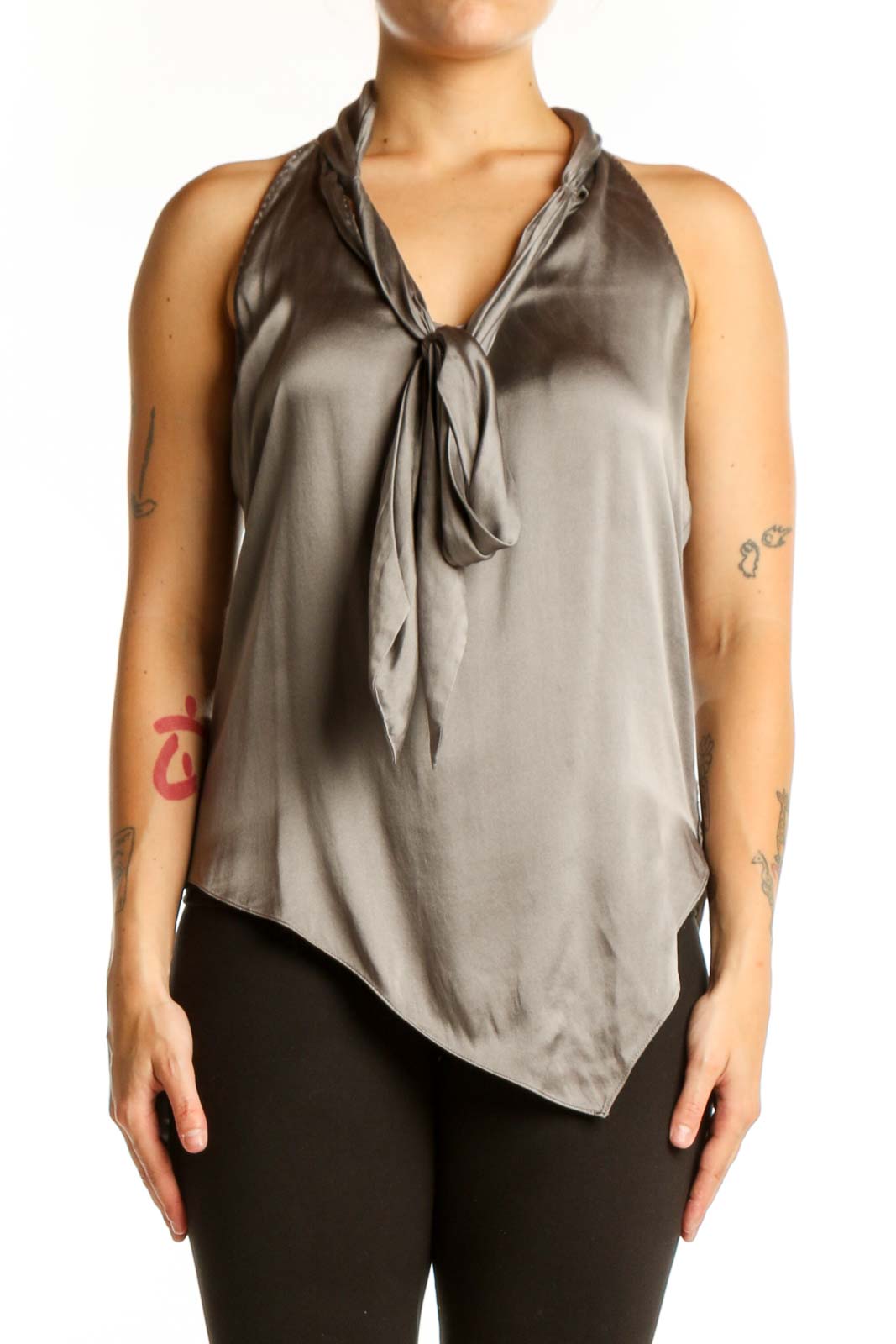 Gray Silk Halter Tie Neck Tank Top Front