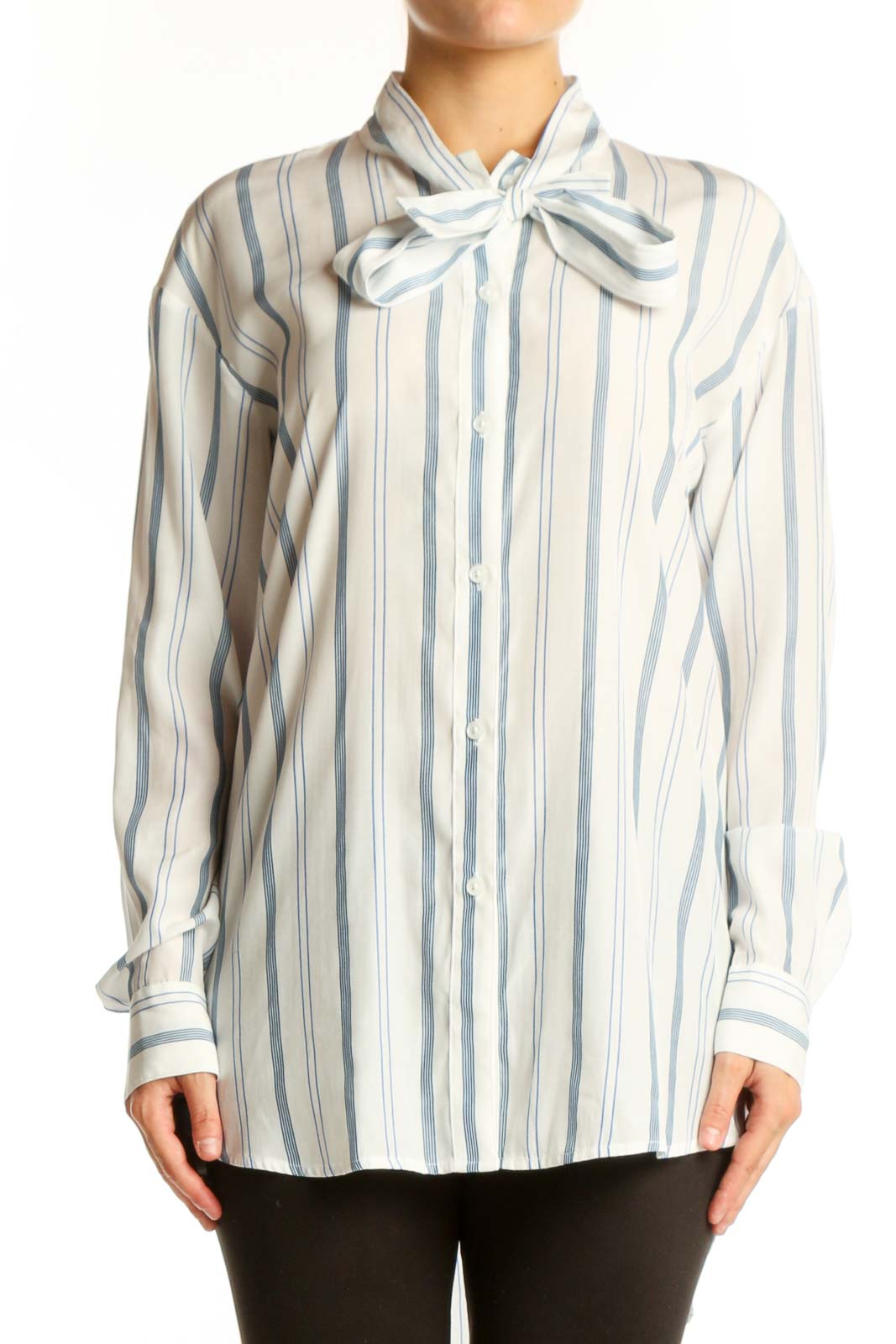 Cream Striped Bow Tie Blouse Front