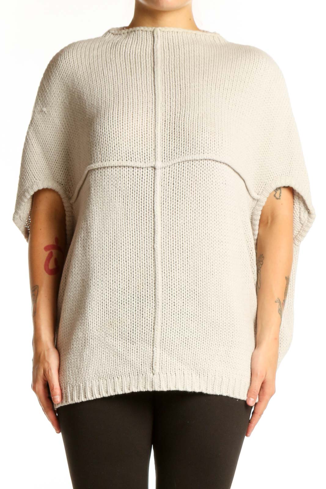 Cream Acrylic Knit Poncho with Cutout Sleeves Front