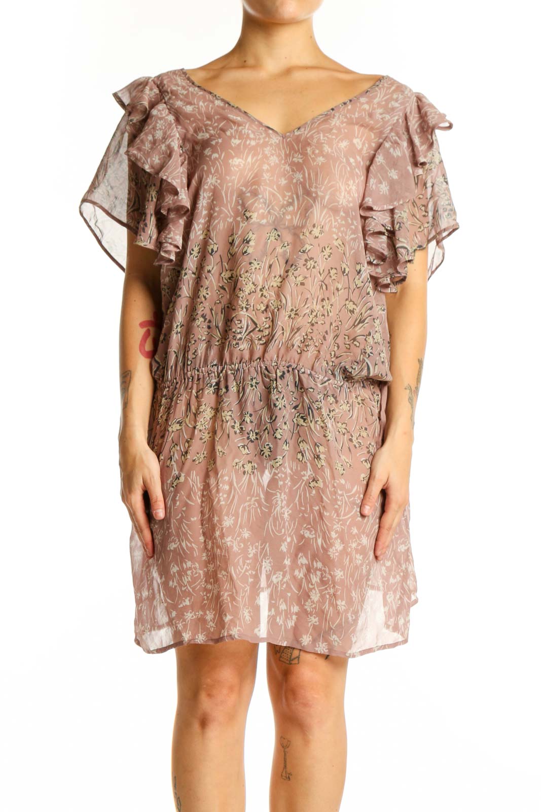 Beige Floral Silk Ruffle Dress Front