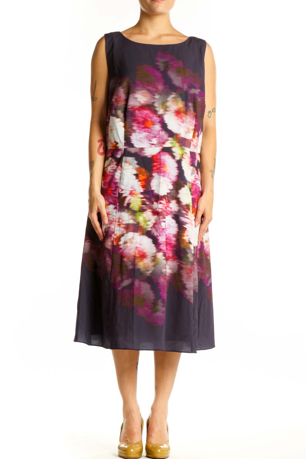 Navy Floral A-Line Midi Dress Front