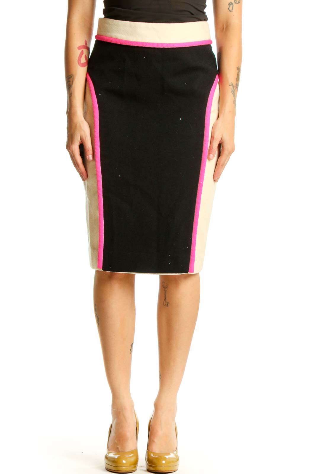 Black Pencil Skirt with Neon Colorblock Stripes Front