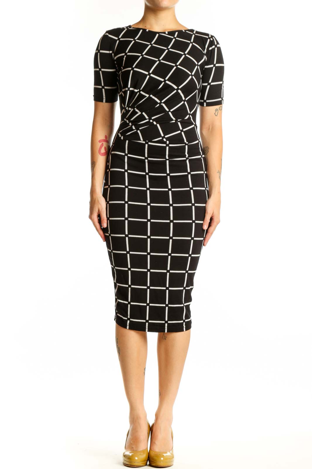 Black Grid Pattern Midi Dress Front