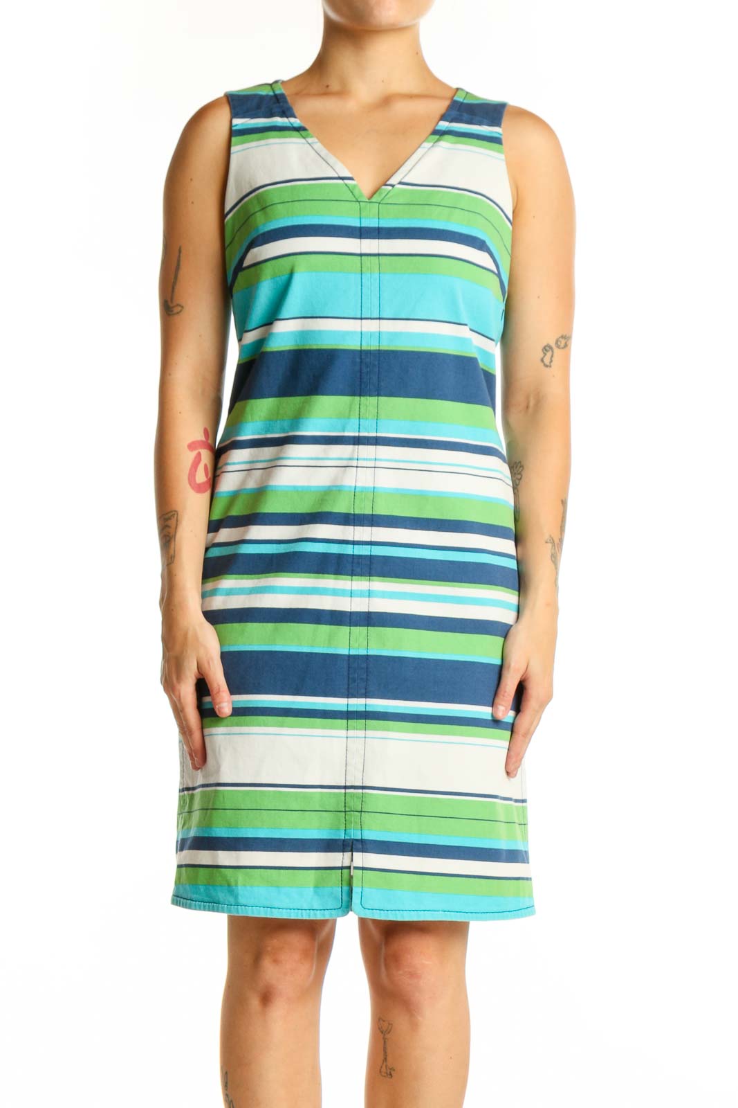 Multicolor Striped Cotton Casual Dress Front