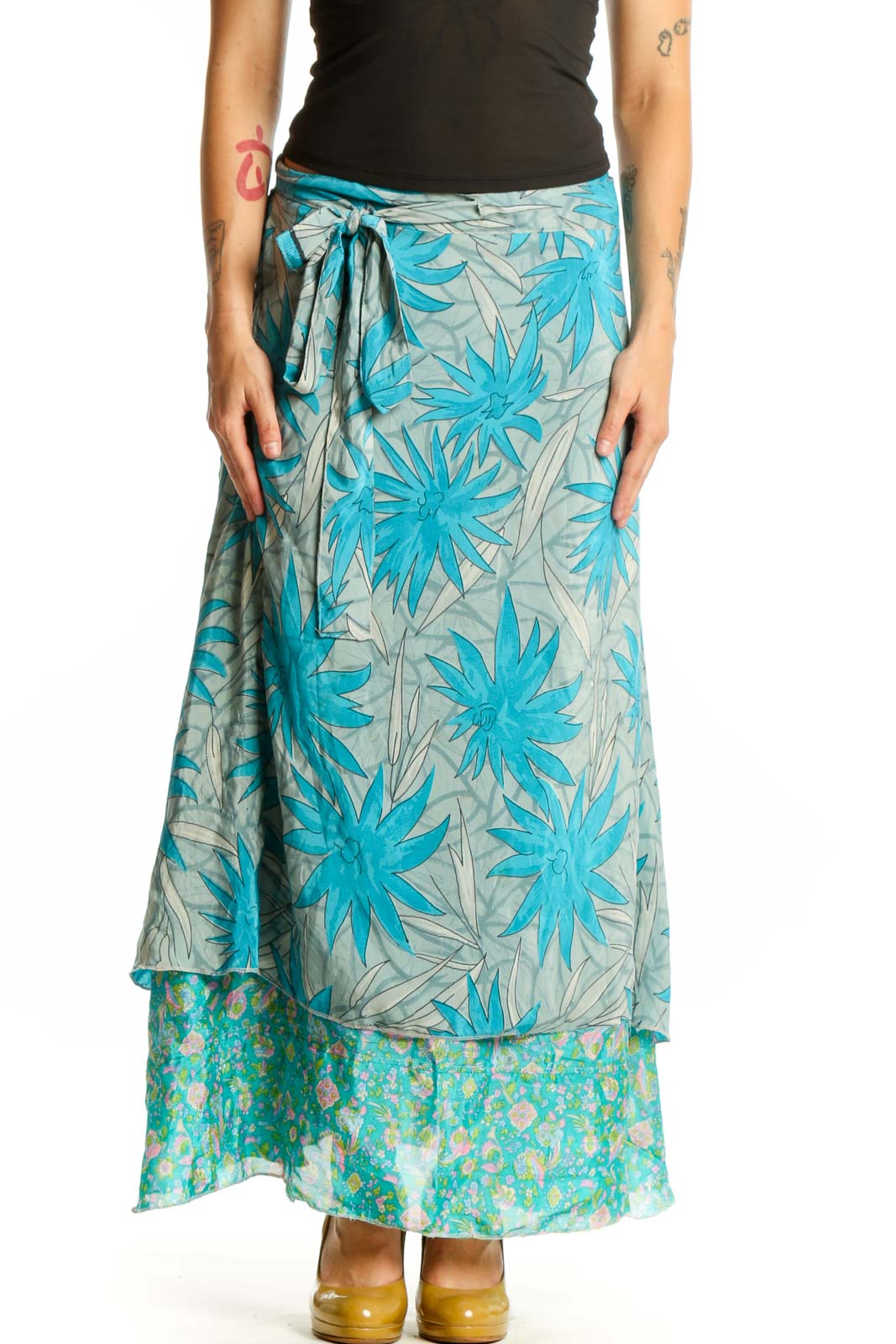 Turquoise Floral Wrap Maxi Skirt Front
