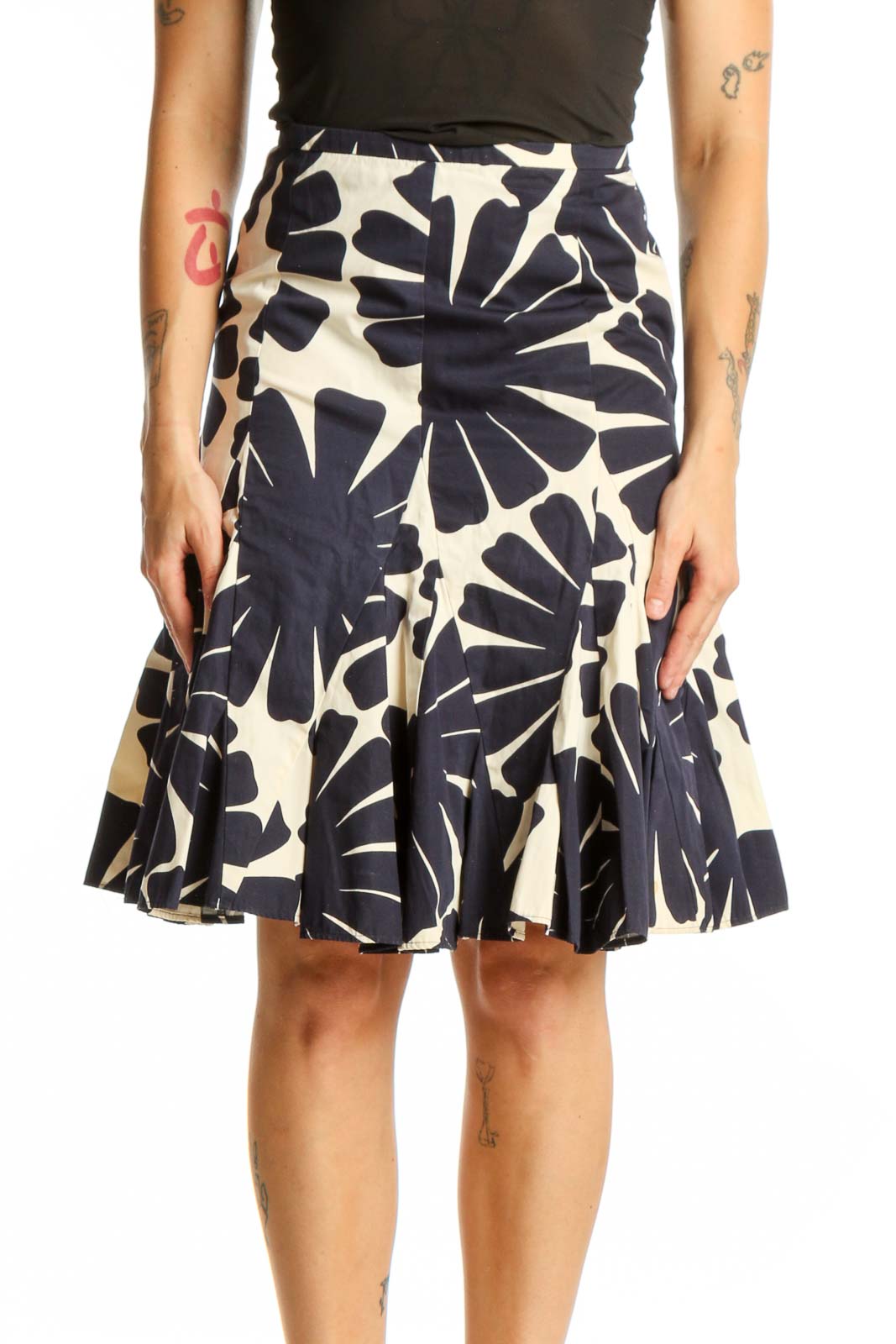Navy Floral Print A-Line Skirt Front