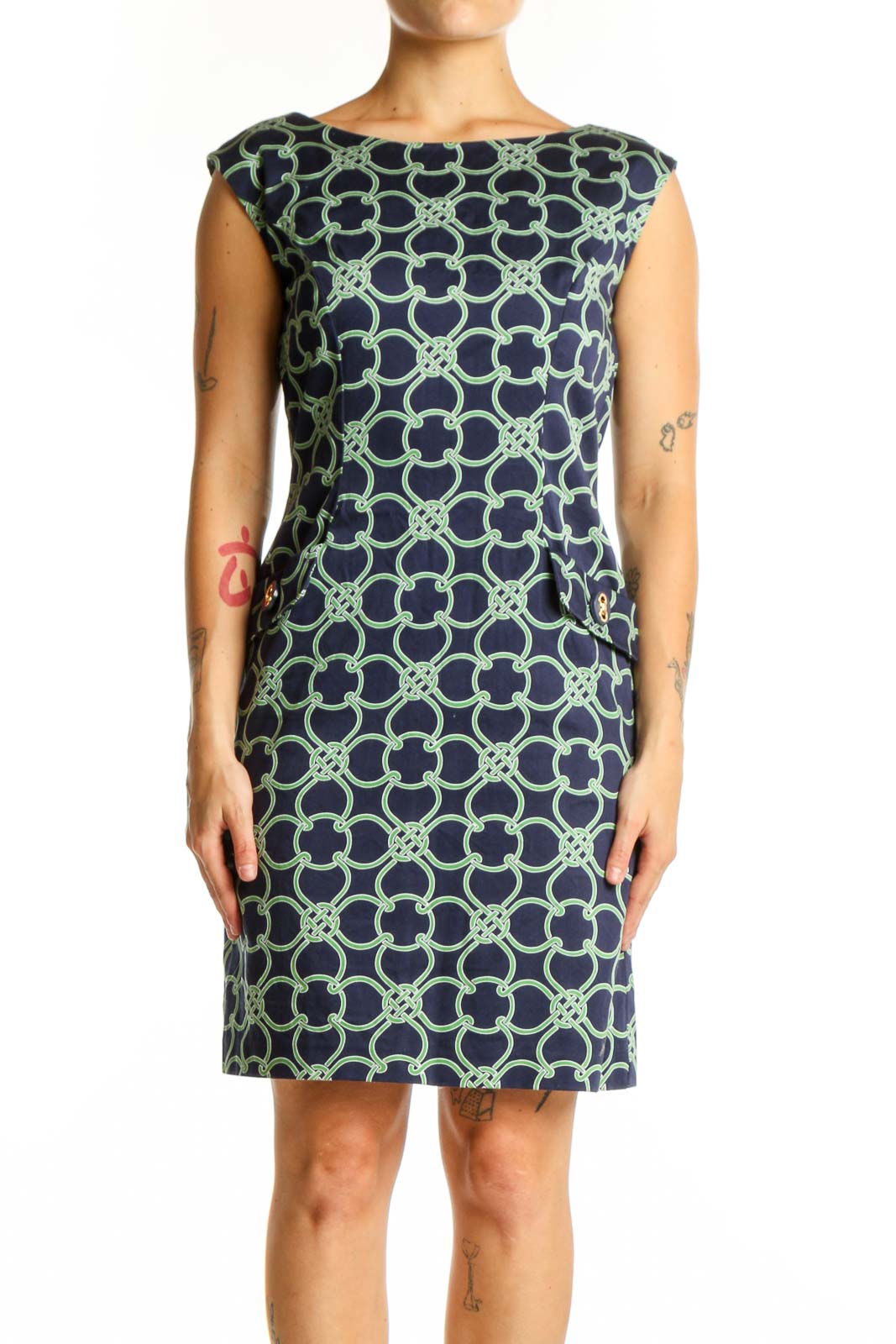 Navy Geometric Print Cotton Shift Dress Front