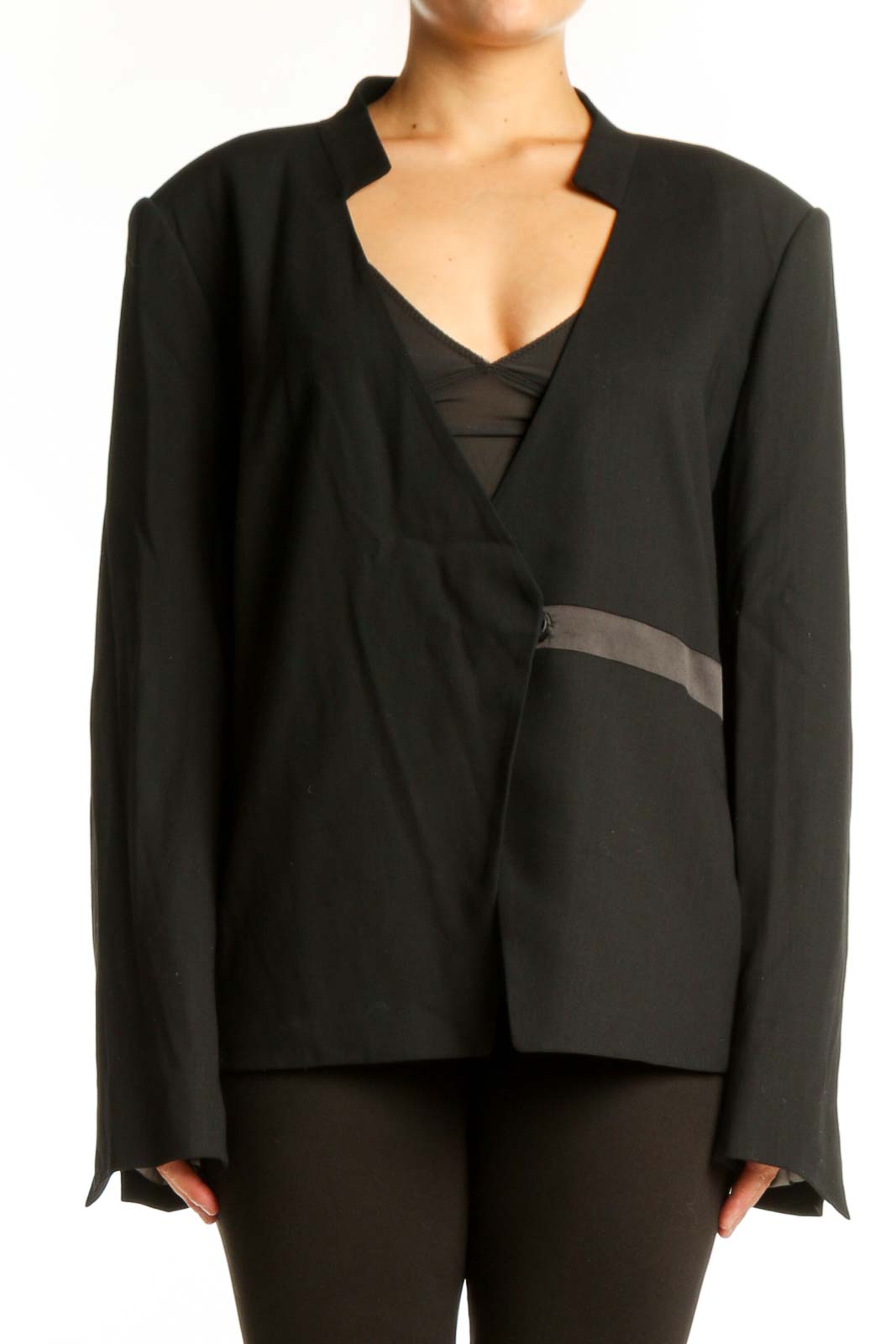 Black Wrap Blazer Jacket with Satin Trim Front