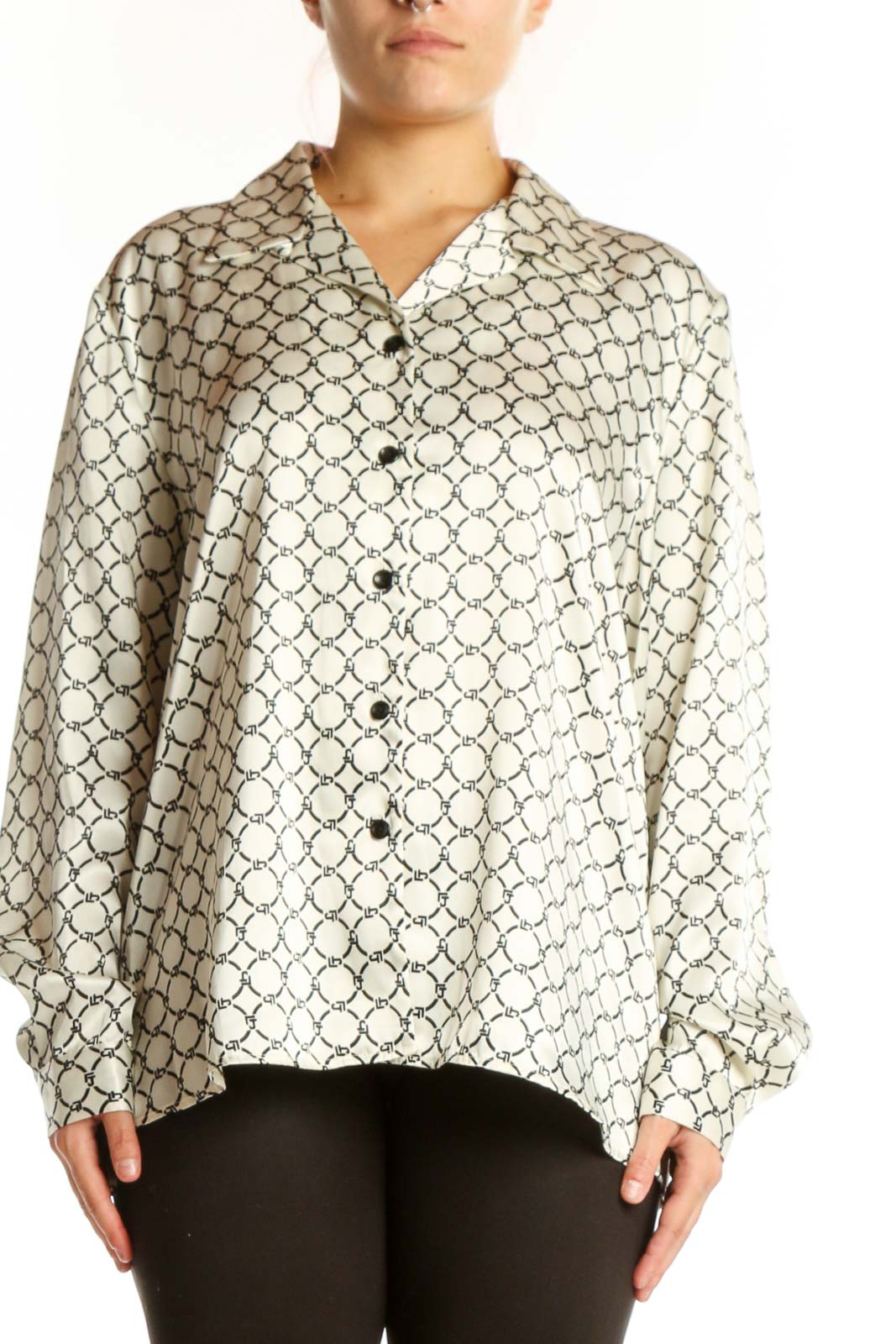 Cream Geometric Print Button-Up Blouse Front