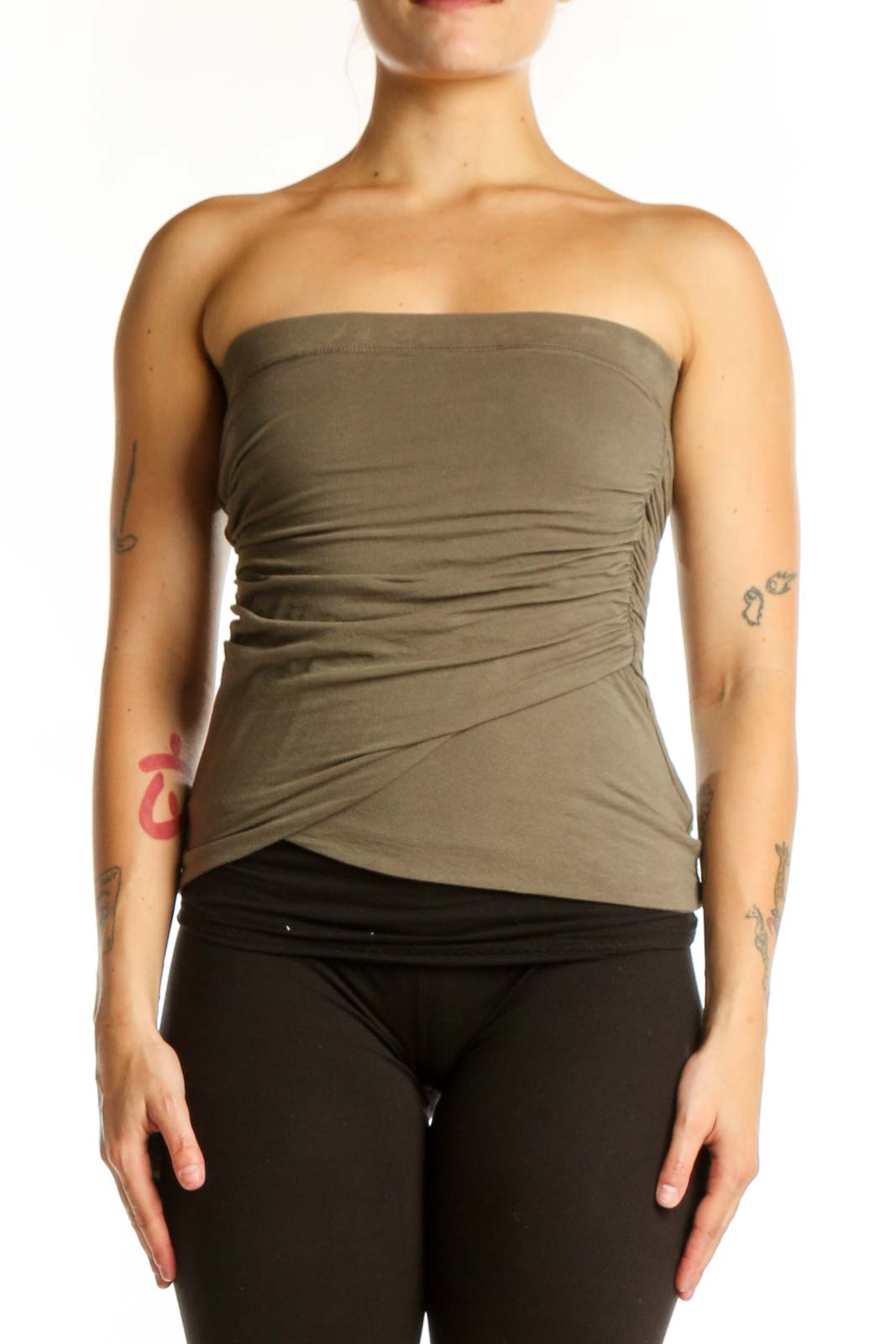 Olive Strapless Ruched Cotton Top Front