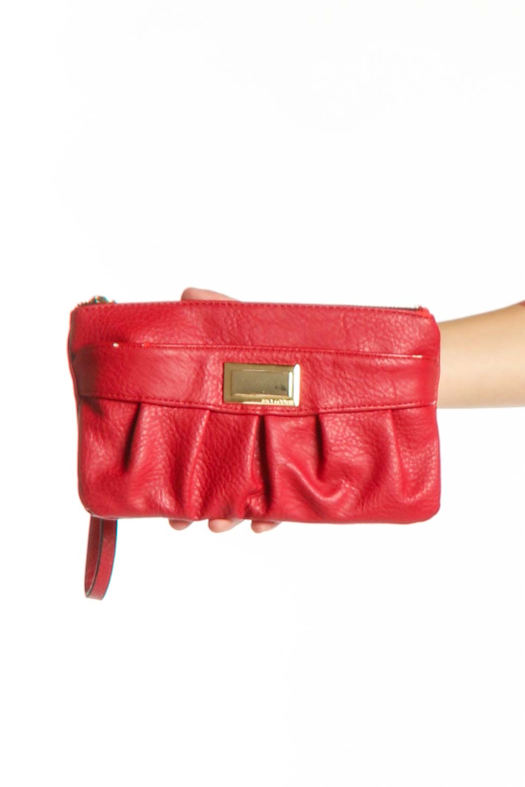Red Leather Pleated Clutch Wristlet Front