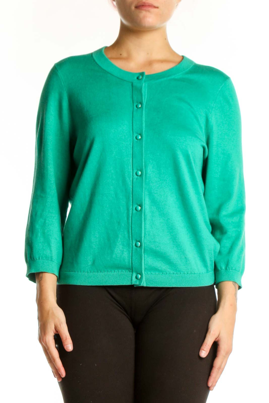 Green Cashmere Blend Cardigan Sweater Front