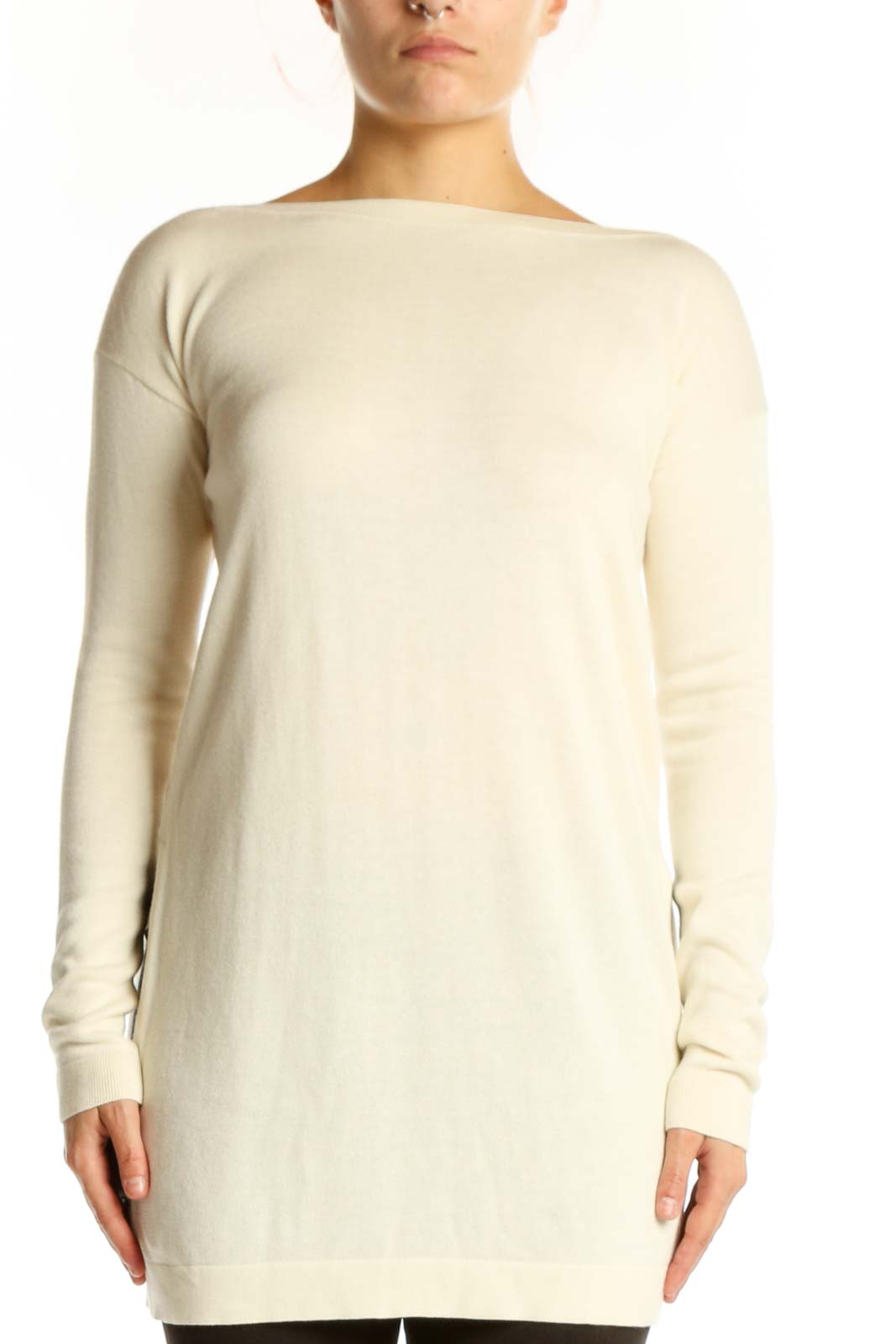 Cream Modal Pima Cotton Long Sleeve Knit Front