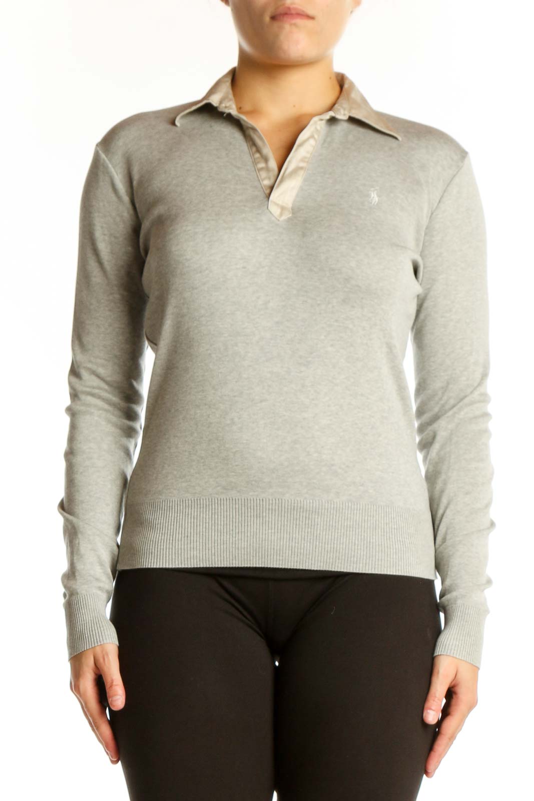 Beige Cotton Long Sleeve Golf Polo Front