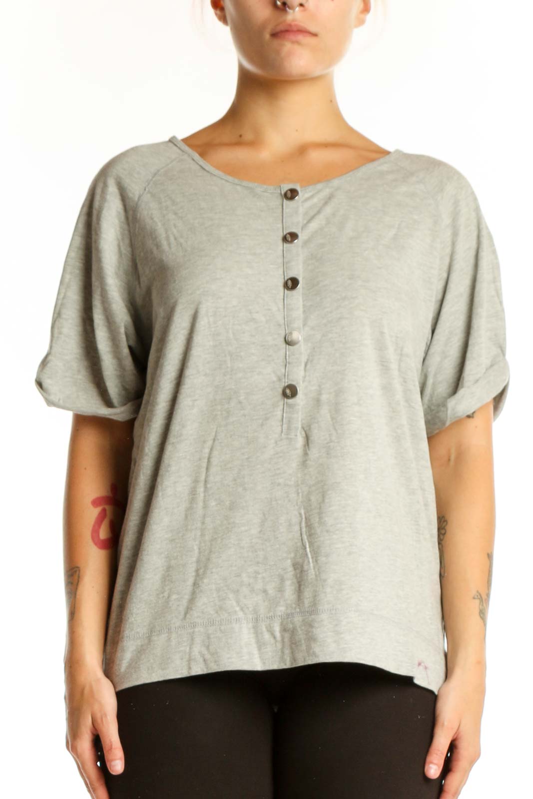 Beige Button-Front Short Sleeve Top Front