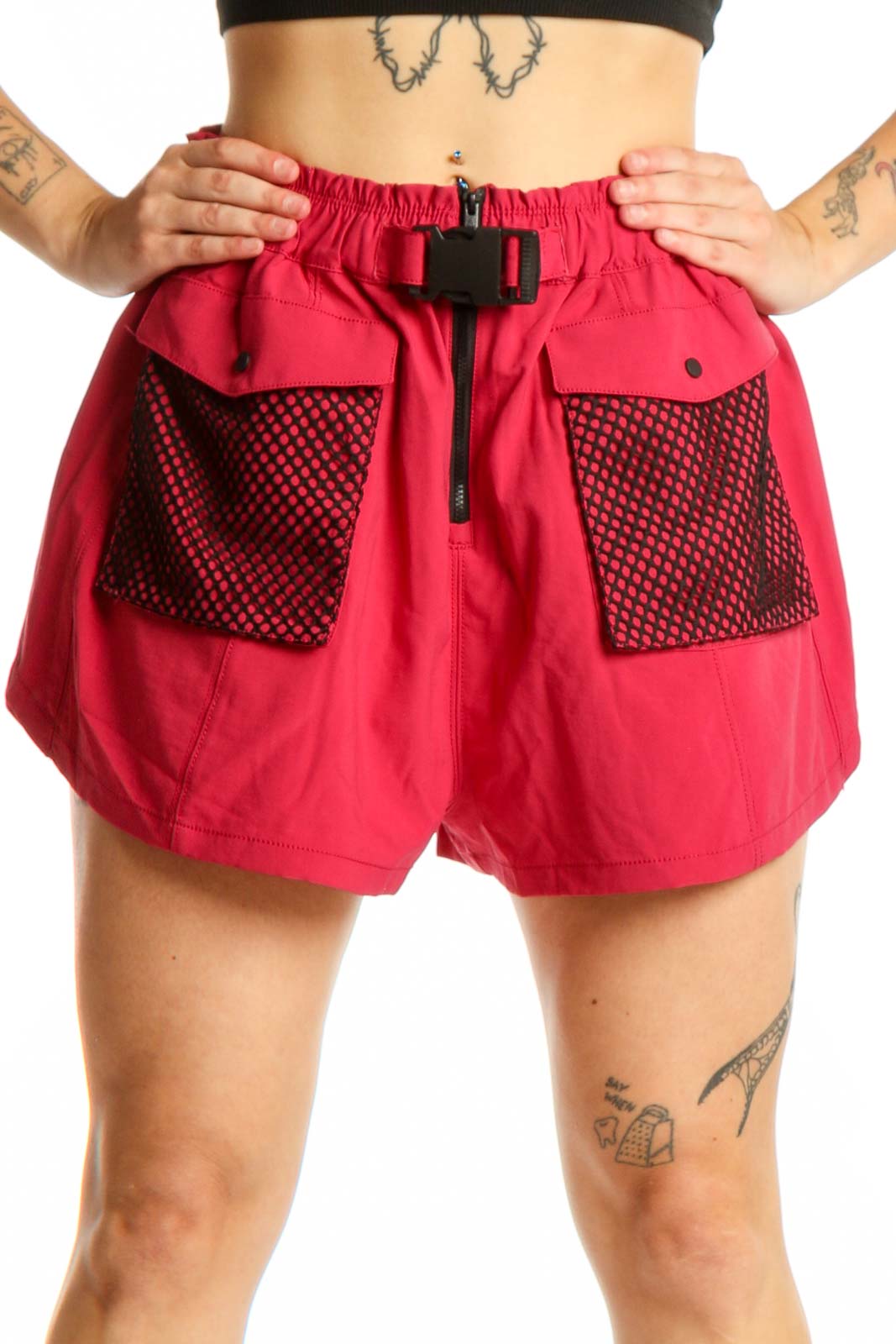 Red Mesh Pocket Athletic Shorts Front