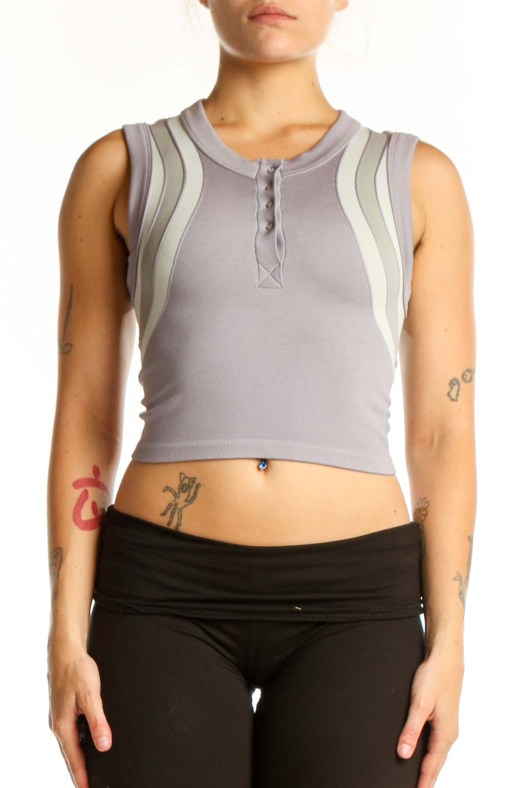 Gray Striped Crop Tank Top Front