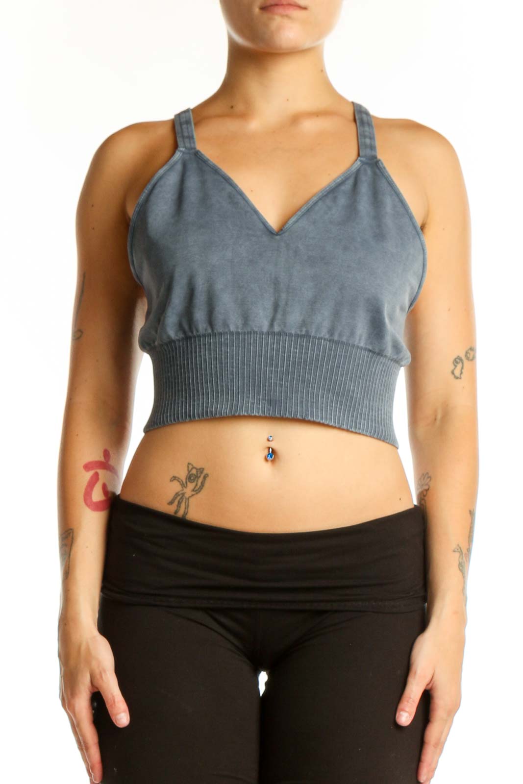 Blue Ribbed Crop Tank Top Front