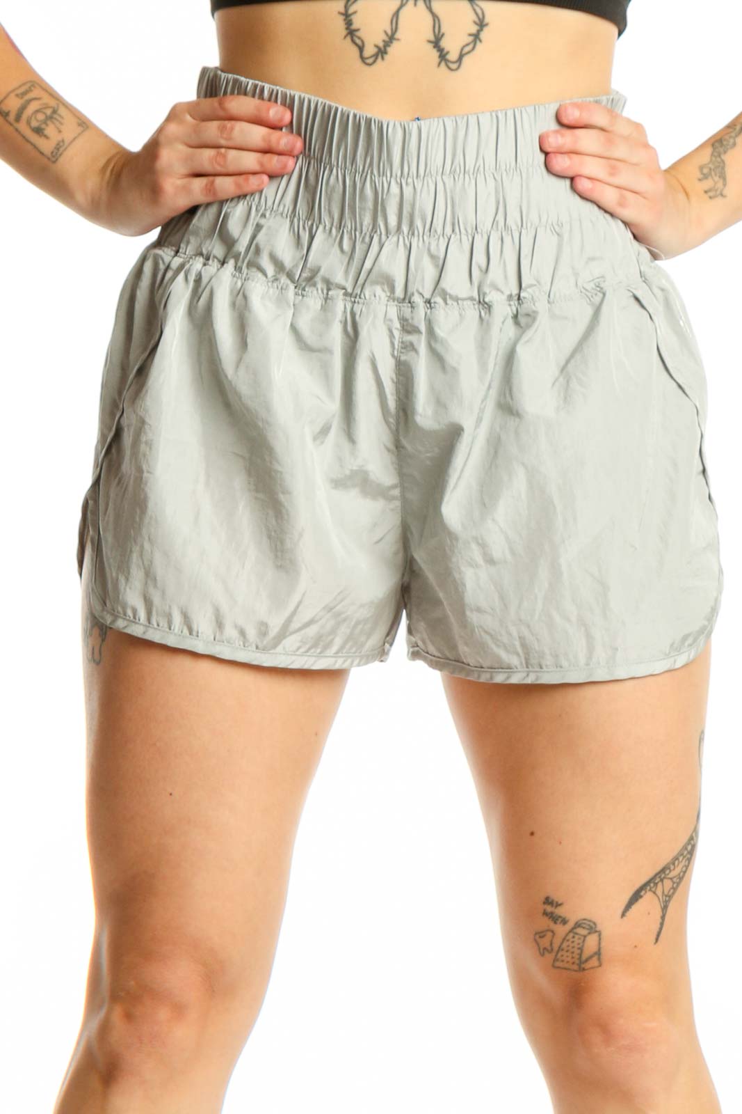 Sage Green Elastic Waist Athletic Shorts Front