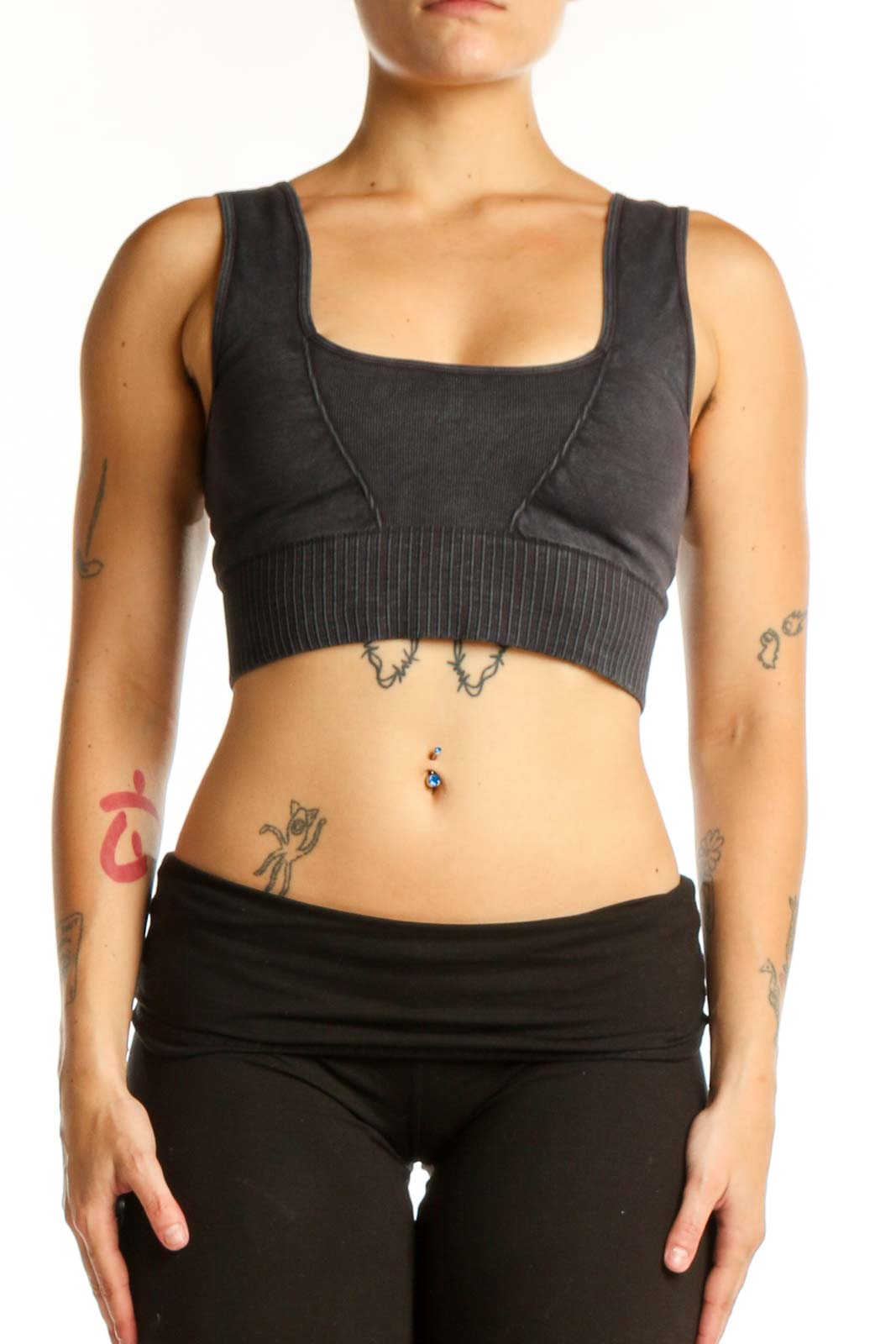 Black Ribbed Sports Bra Tank Top Front