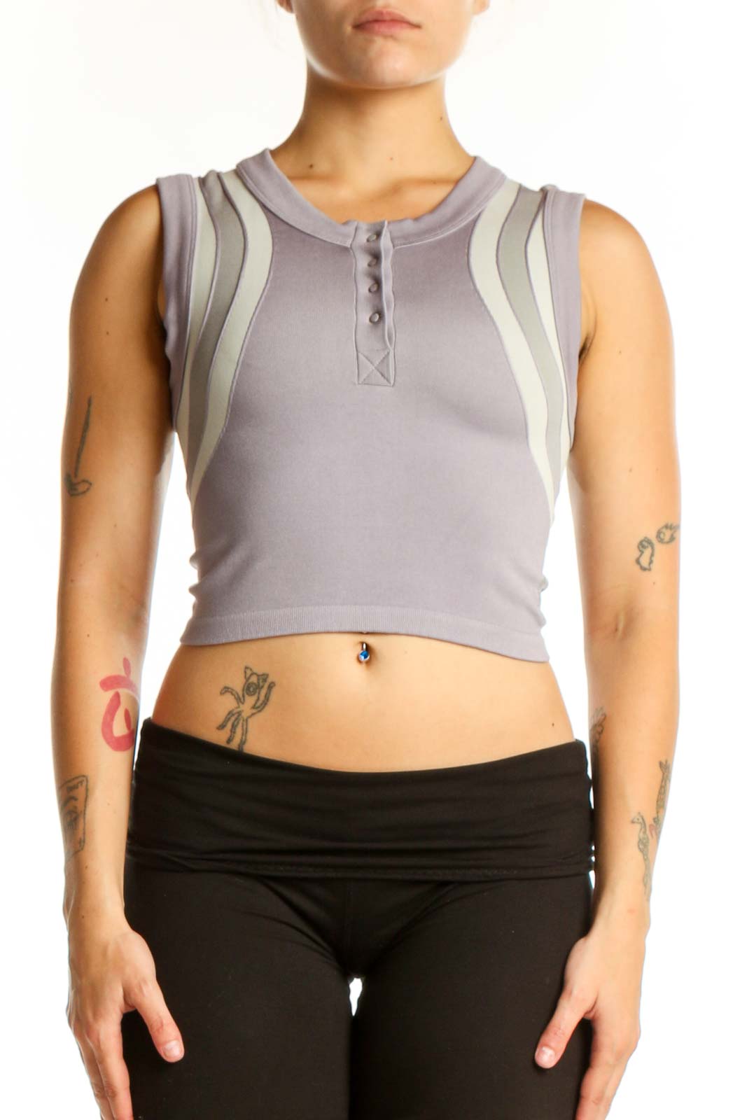 Gray Striped Crop Tank Top Front